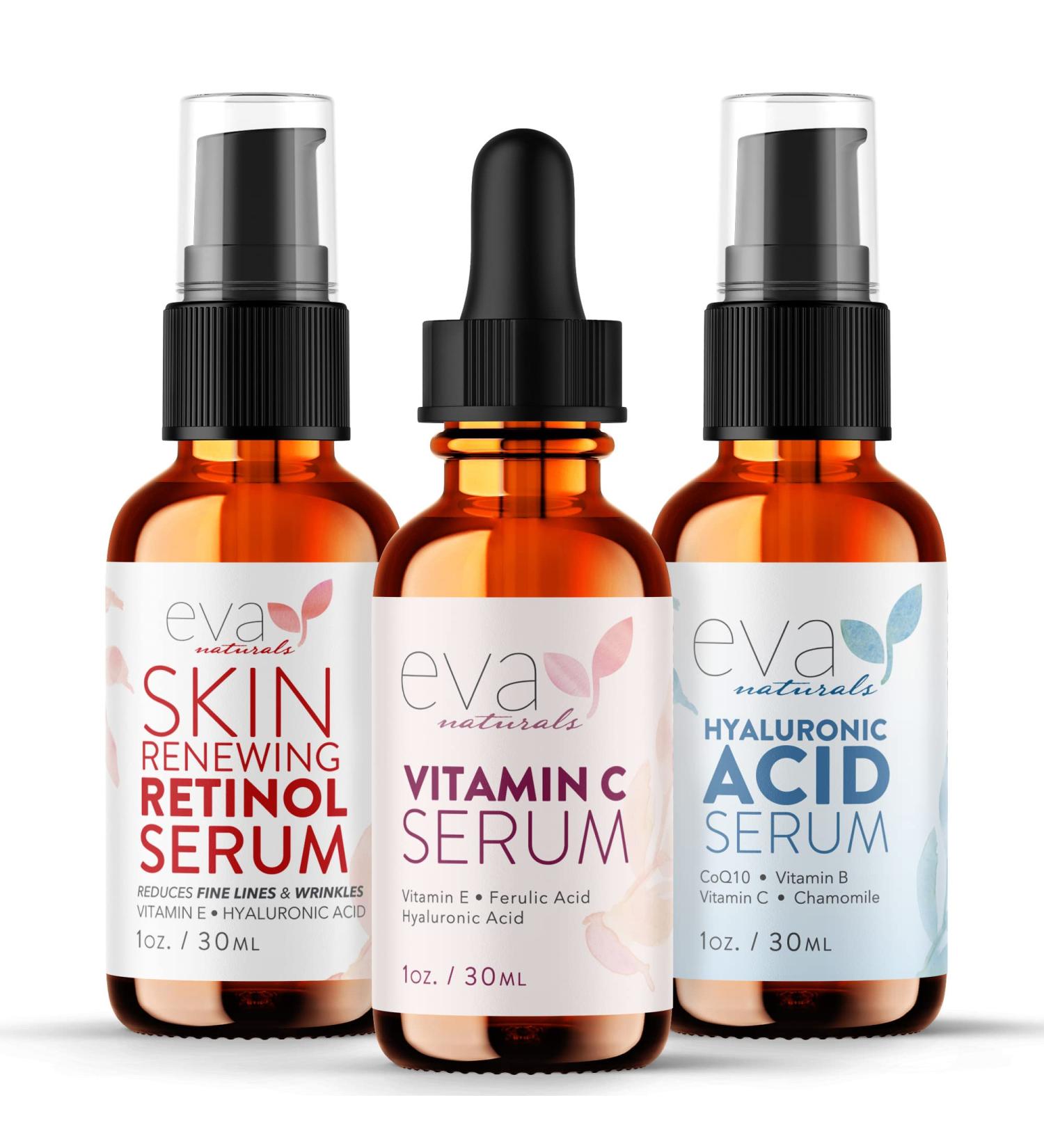 Eva Naturals Anti-Aging Serum Bundle - Vitamin C, Hyaluronic Acid, Retinol - Facial Skin Care Products for Hydration, Wrinkles, and Lines - Buy Online on GoSupps.com