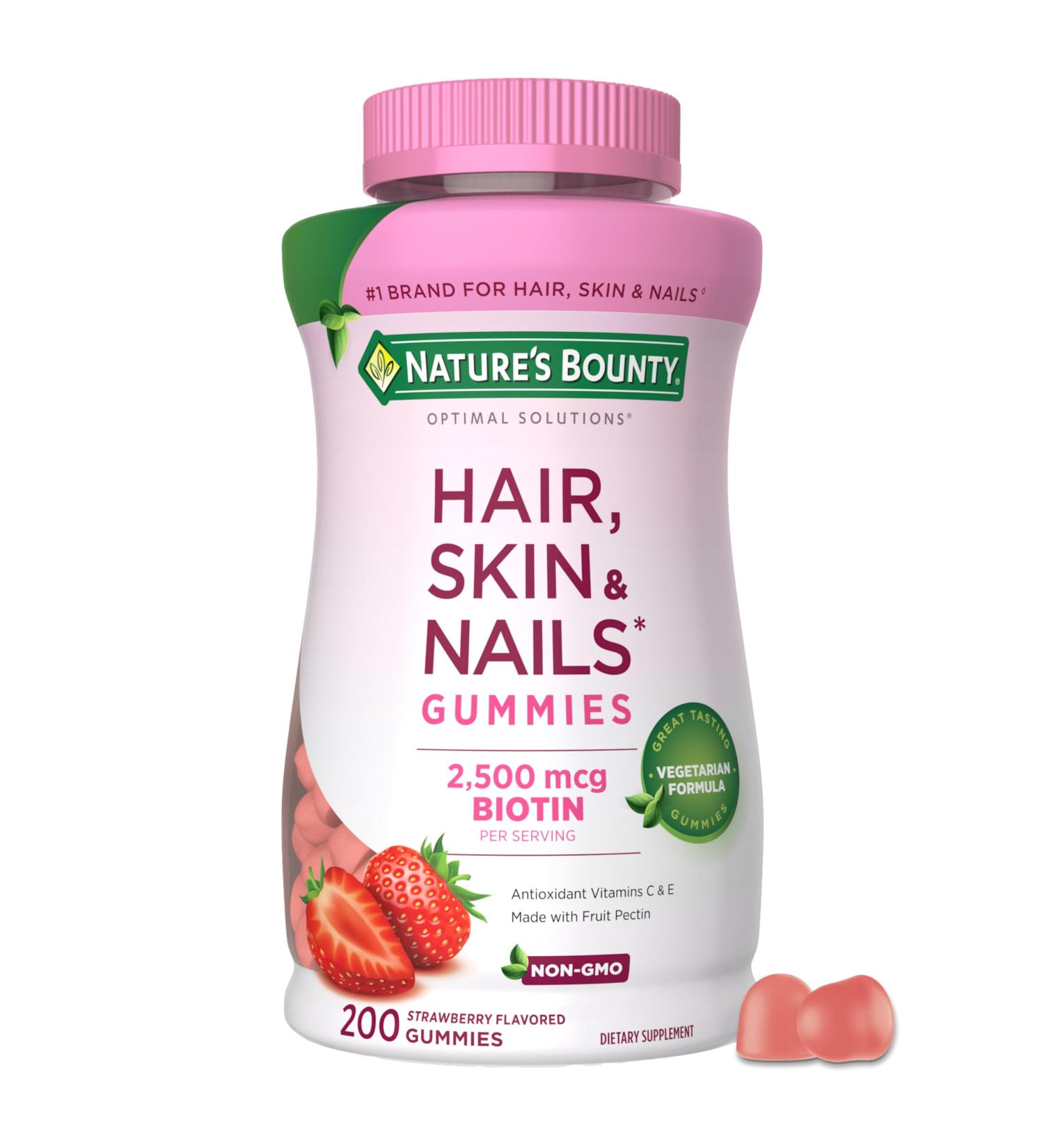 Nature's Bounty Optimal Solutions Hair Skin and Nails Pectin Gummies 2500 mcg Biotin Per Serving No Stick Gummy Vegetarian Formula Strawberry Flavor 200 count 100 Total Servings 200 Count (Pack of 1) - Buy Online on GoSupps.com