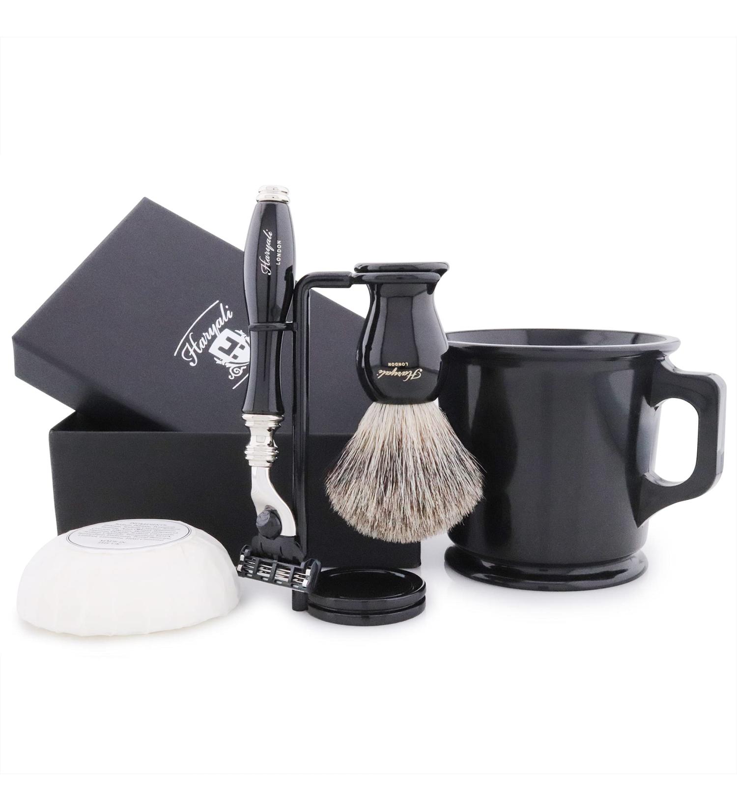 Haryali London 5pc Men's Shaving Kit with 3 Edge Razor, Black Badger Hair Brush, Bowl, Soap, and Stand - Ideal Set for Men - Buy Online on GoSupps.com