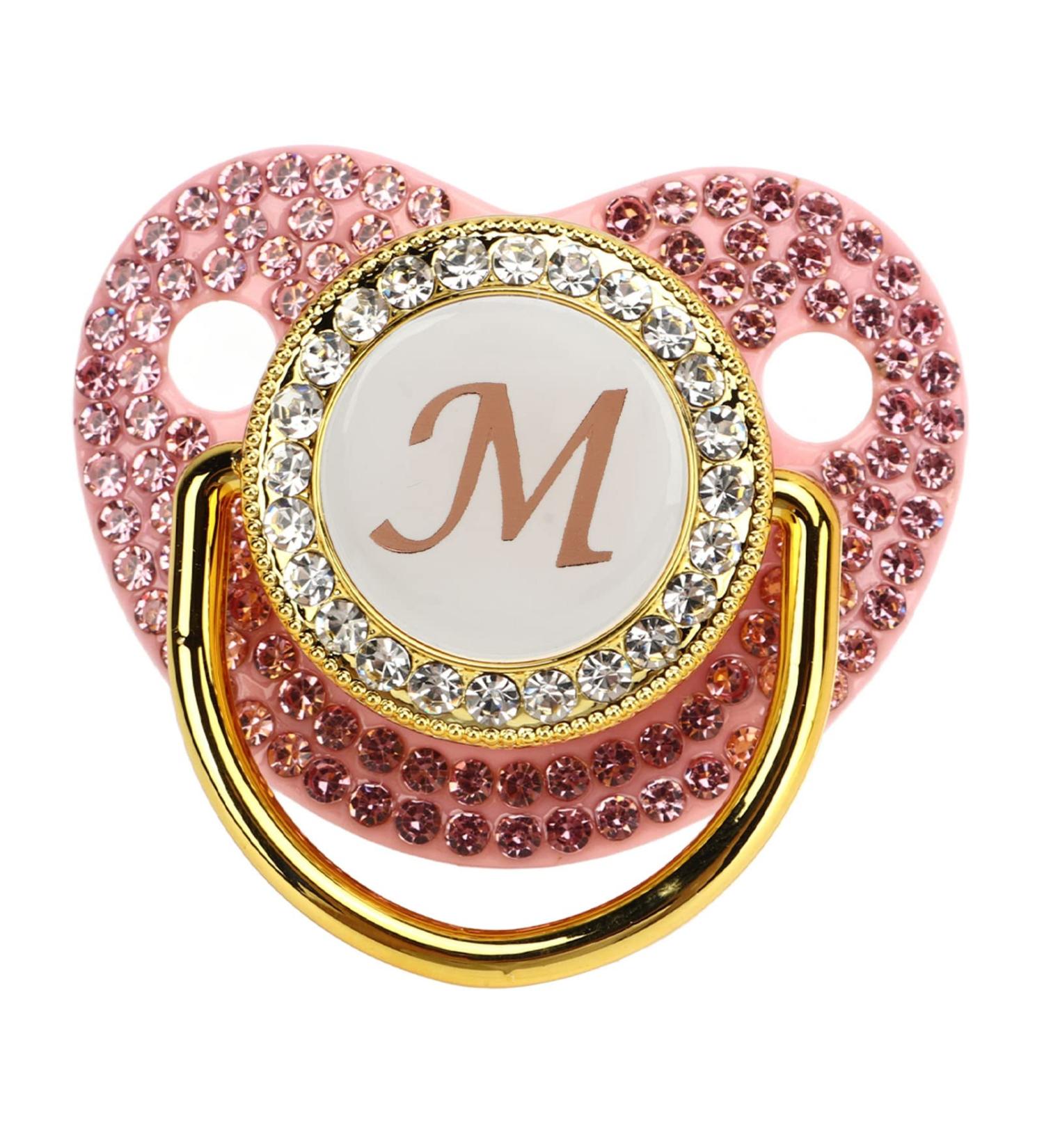 Personalized Bling Golden Baby Pacifier - Rhinestone Silicone Pacifier with Clips | Curved Design & Unique 'M' Letter Talent Artifact - Buy Online on GoSupps.com
