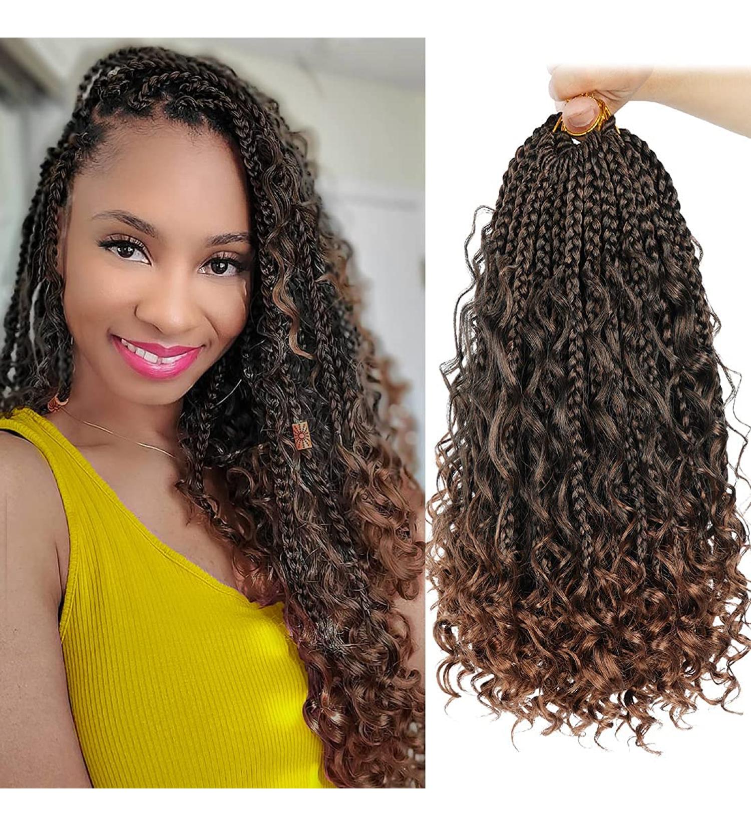 Boho Bob Box Braids Crochet Hair with Curly Ends Pre-looped Goddess Locs Crochet Curly Hair Braiding Hair Extensions 3X Bohemian Hippie Locs Crochet Braiding Hair For Black Women(14 Inch T27#)