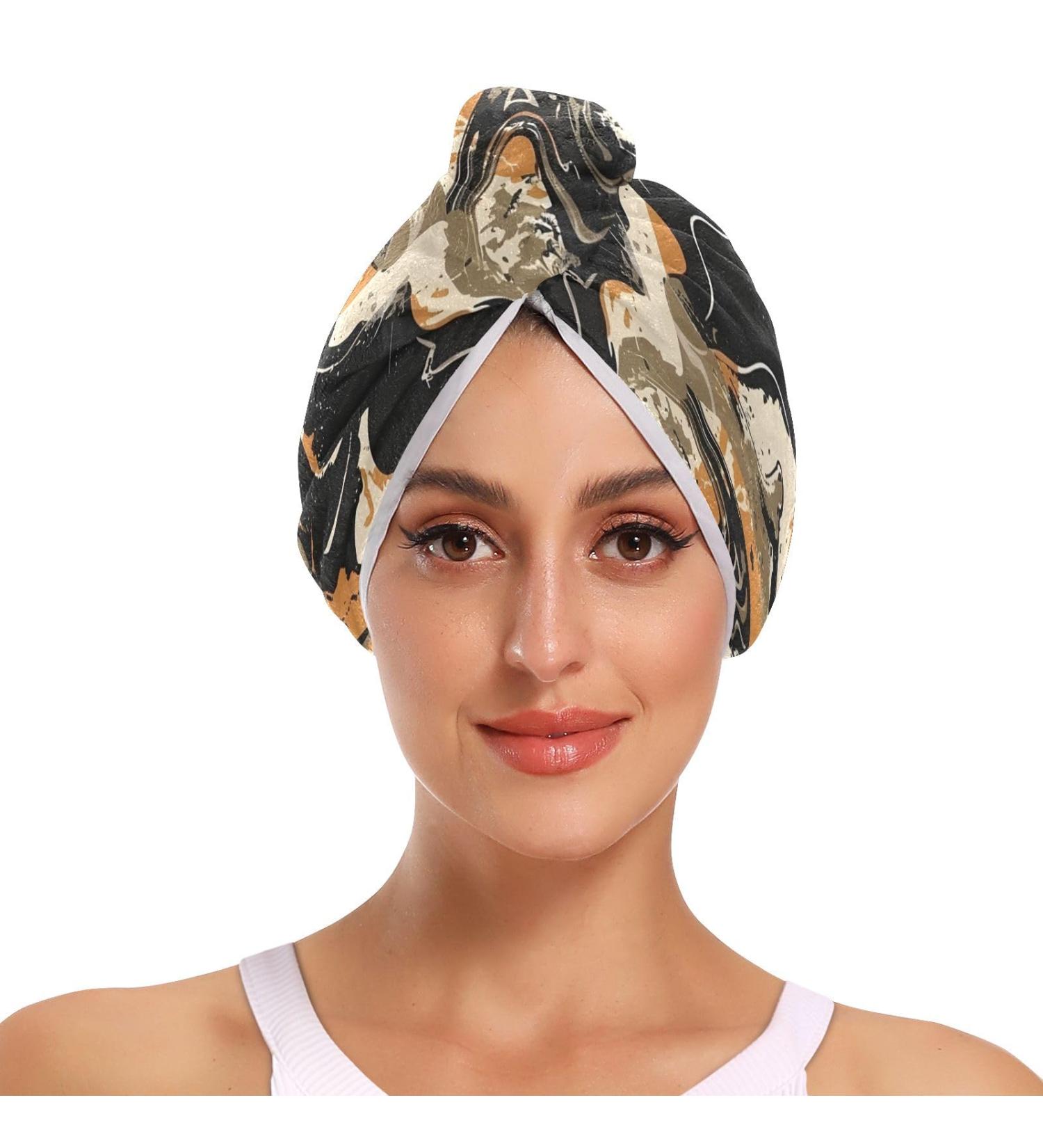 Khaki Black Abstract Graffiti Hair Towel 2 Pack | Super Absorbent Quick Dry Hair Turbans for Women & Girls - Buy Online on GoSupps.com