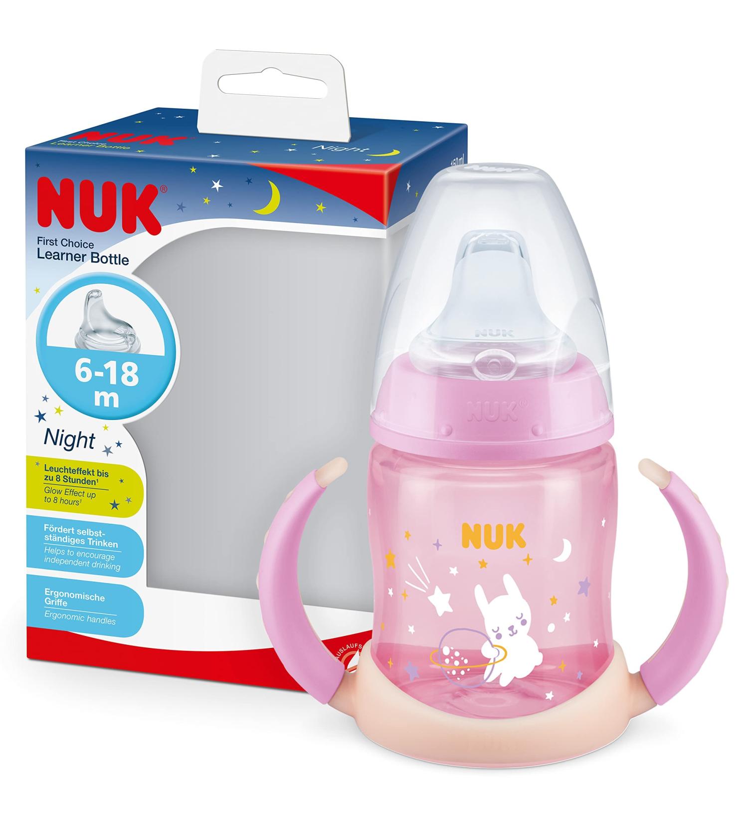 NUK First Choice Sippy Cup Night Pink Glow-in-the-dark | 6-18 Months | 150 ml | Leak-Proof & Anti-Colic | BPA-Free - Buy Online on GoSupps.com