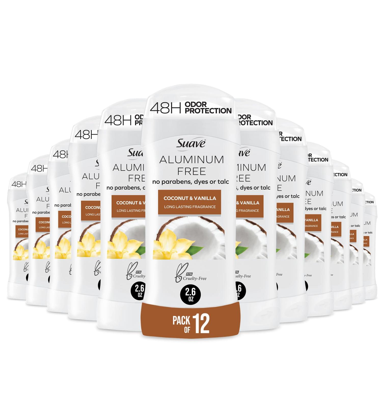 Suave Aluminum Free Deodorant for Women Coconut & Vanilla 48-Hour Odor Protection Free of Talc Parabens & Dyes 2.6 oz (Pack of 12)