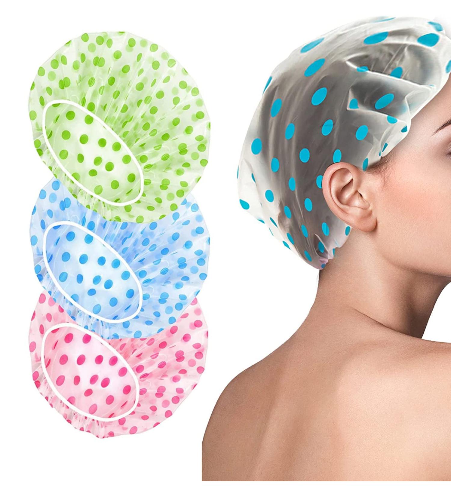 3-Piece Reusable Waterproof Shower Hoods for Women - Elastic Plastic Shower Caps in Blue Yellow Pink | Perfect for Spa & Salon - Buy Online on GoSupps.com