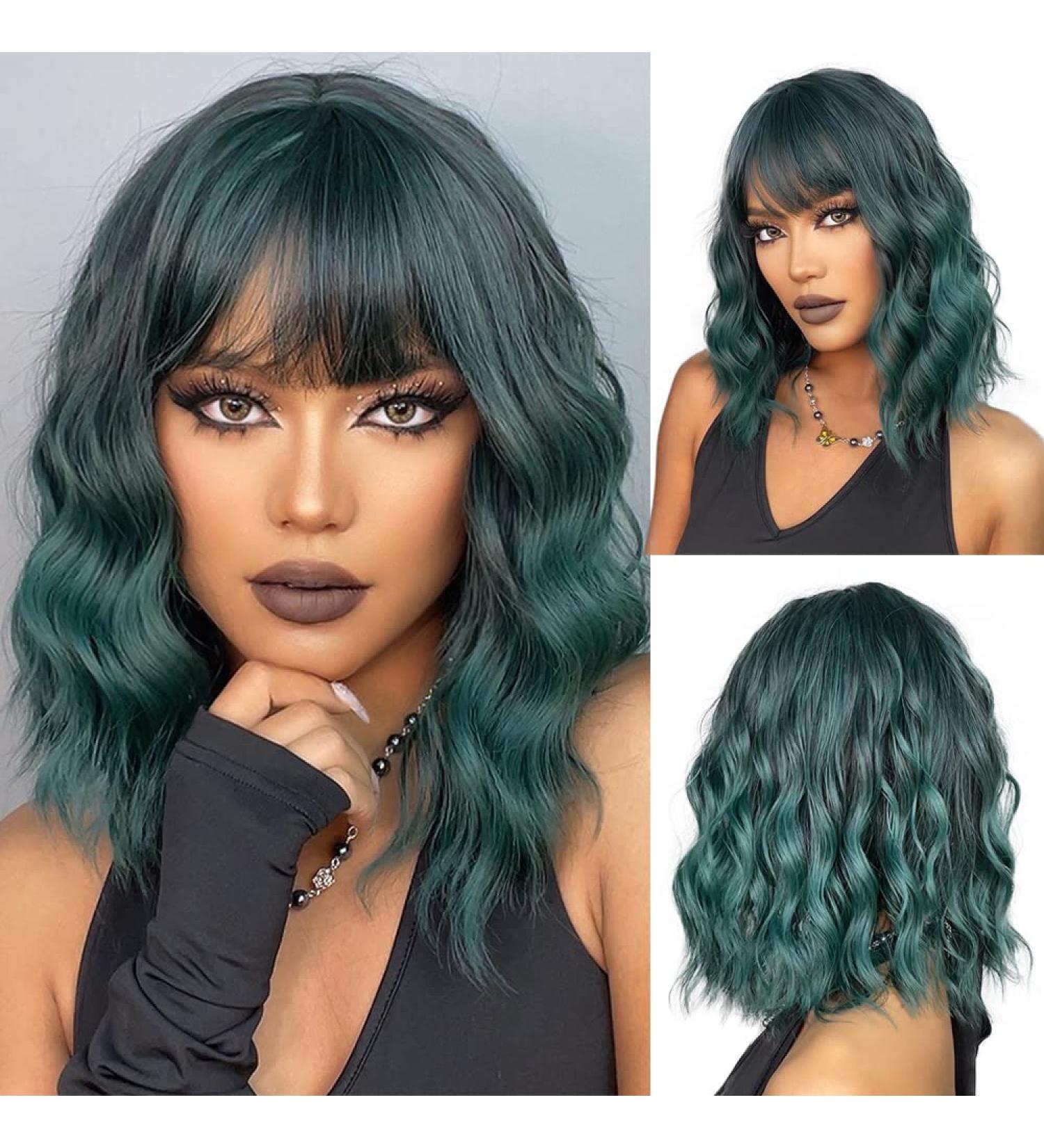 Esmee Green Bob Wig with Fringe | Shoulder Length Ombre Curly Wavy Synthetic Wig for Women - 14 Inch - Buy Online on GoSupps.com