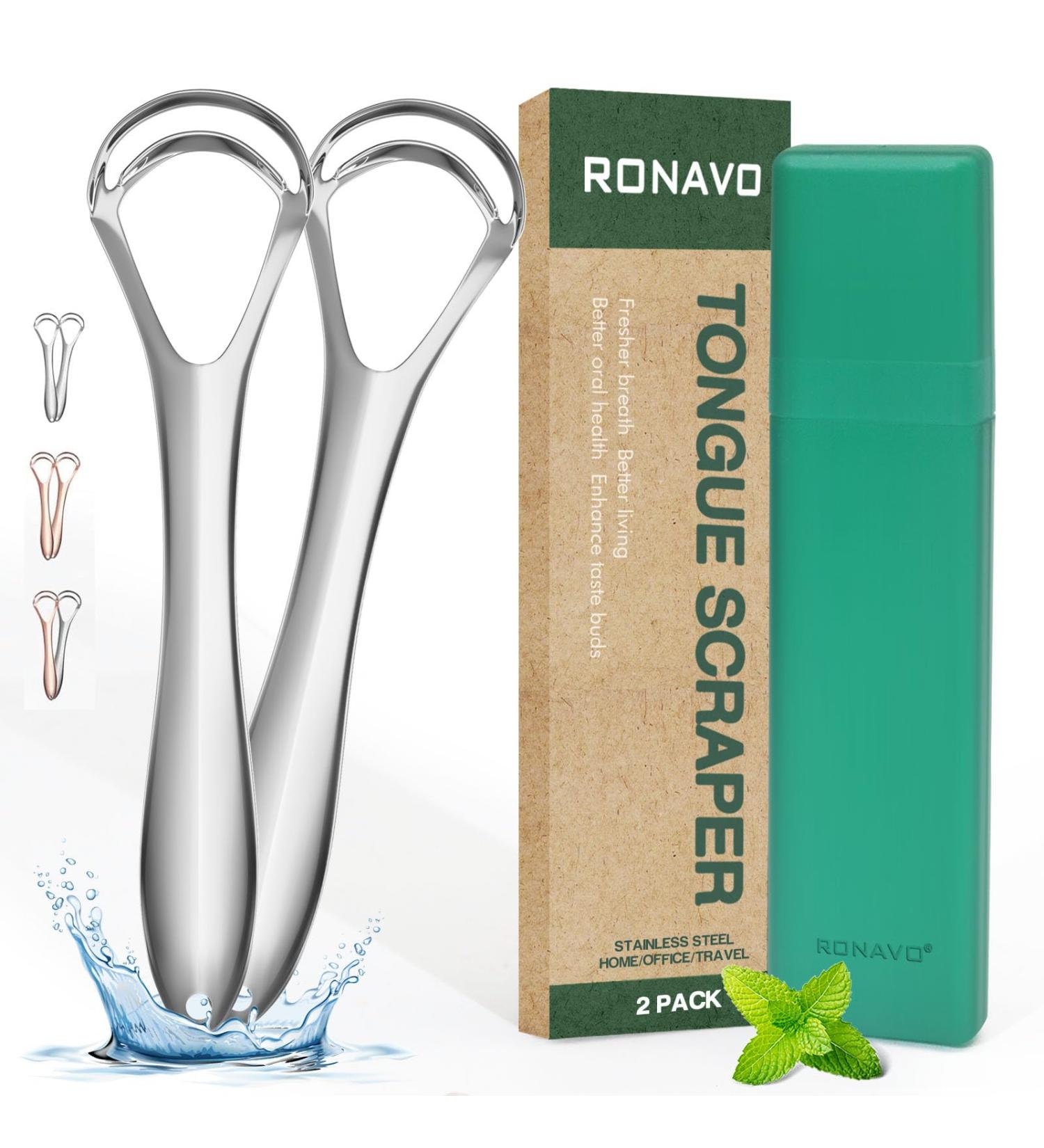 RONAVO Dual-Head Tongue Scraper for Adults | Deep Cleaning Metal Scraper for Thick Coating | Improve Oral Hygiene & Eliminate Bad Breath | Silver - Buy Online on GoSupps.com