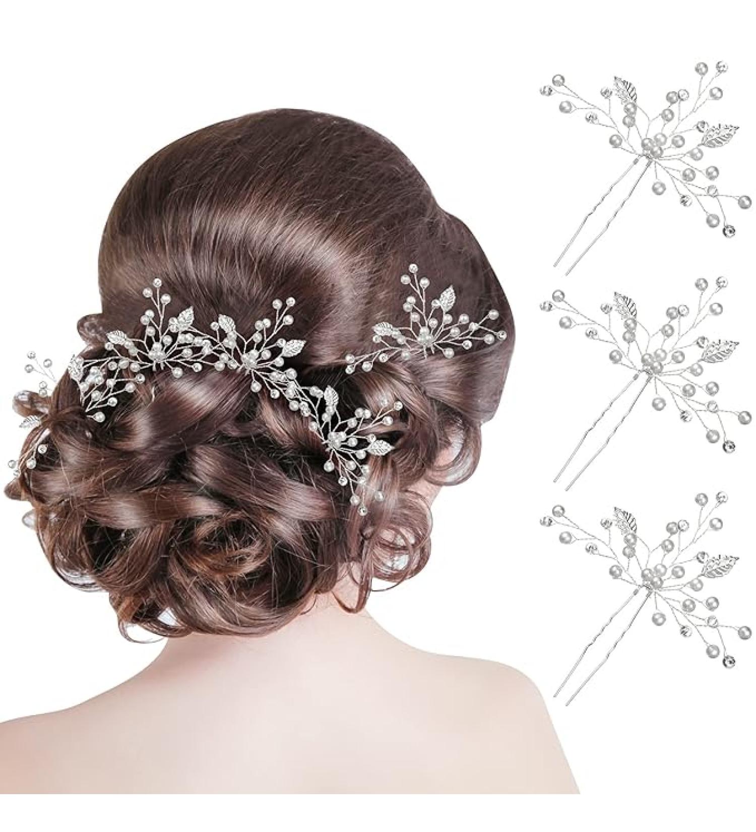 8 Pieces Bride Wedding Pearls Hair Pins Bridal Leaf Flower Hair Pins Rhinestone Bridesmaid Hair Pieces Wedding Hair Accessories for Women and Girls (Silver) - Buy Online on GoSupps.com