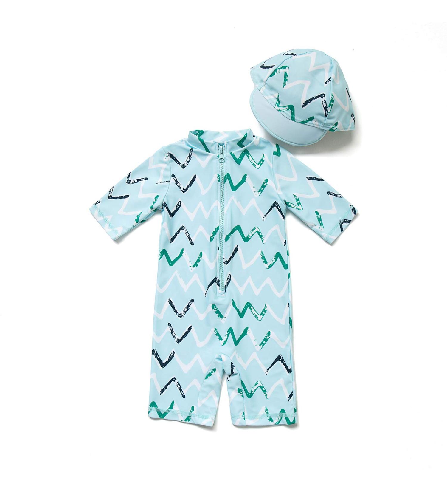 BONVERANO Baby Boys Swimsuit 18-24 Months | Short-Sleeve Zipper One Piece Swimwear with UPF 50+ Sun Protection | Toddler Bathing Suit Wave Design - Buy Online on GoSupps.com