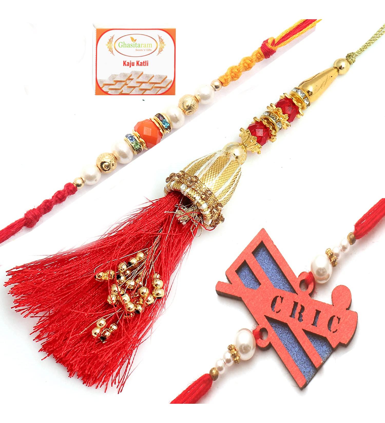 Ghasitaram Gifts Rakhi for Brother Rakhis Online - Set of 3 Ibiza Bhaiya Bhabhi Rakhi and Cricketer Kids Rakhi with 400 GMS of Kaju katli