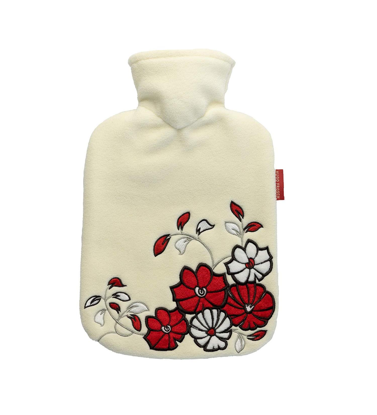 Hugo Frosch Classic 1.8L Hot Water Bottle | Fleece Cover | Cream Flower Ornament | Eco-Friendly Heating Solution - Buy Online on GoSupps.com
