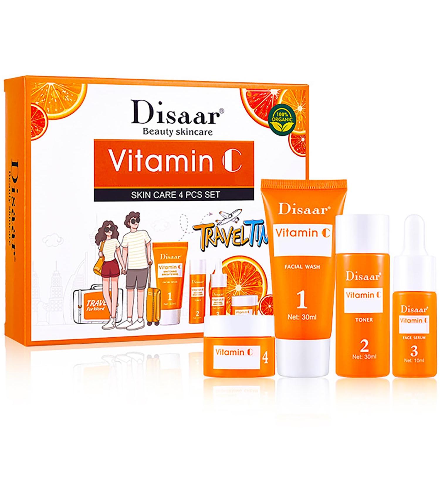 Vitamin C Organic Orange Extract Skin Care Set - Facial Wash Toner Serum & Cream (30ml+30ml+10ml+15g) | Hydrate Reduce Wrinkles & Moisturize - Buy Online on GoSupps.com