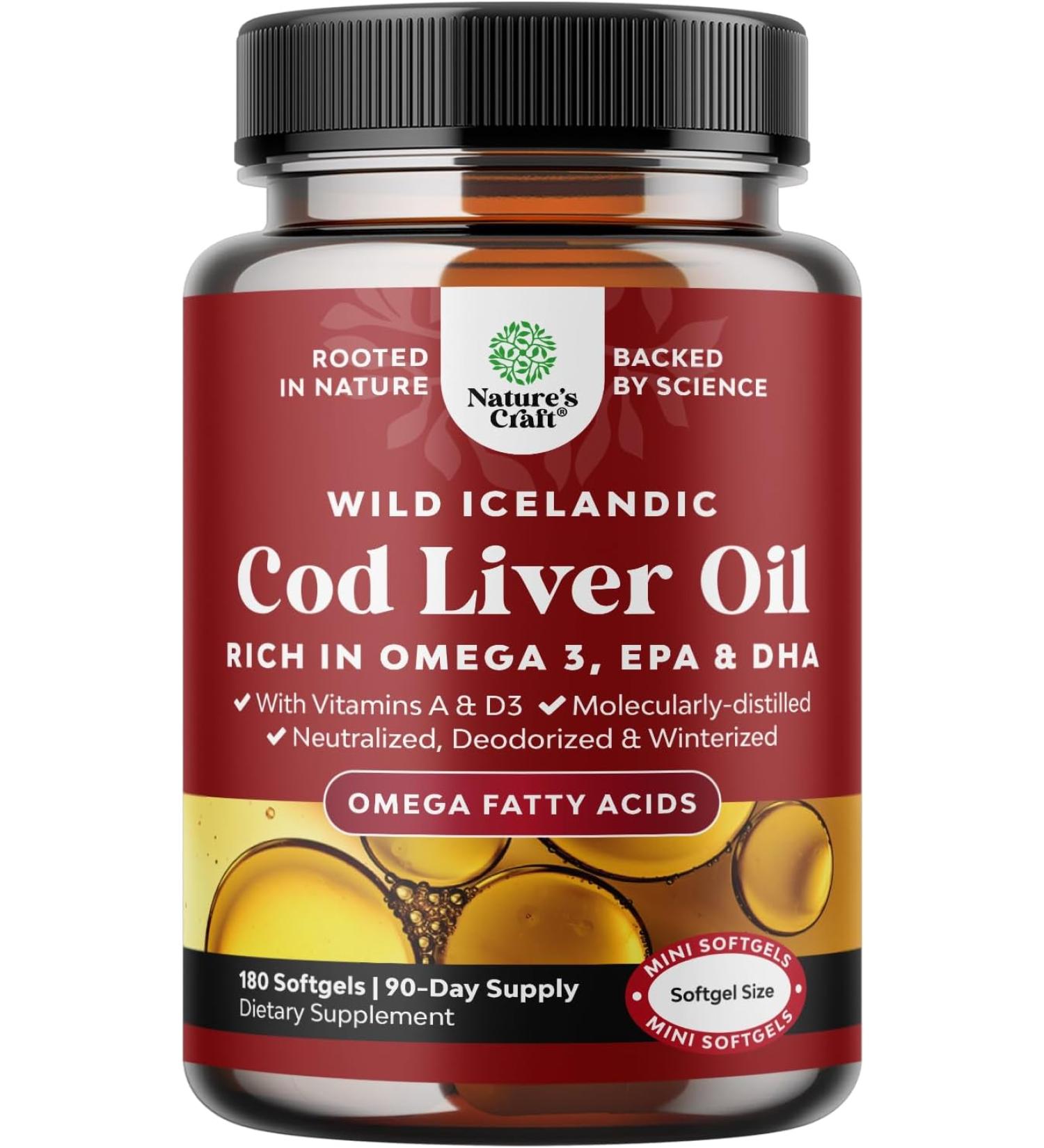 Natures Craft Icelandic Cod Liver Oil Softgels Wild Caught EPA DHA Omega3 Fish Oil 1000mg per serving D3 & A for Heart Joint Brain and Immune Support - 180 Softgels - Buy Online on GoSupps.com