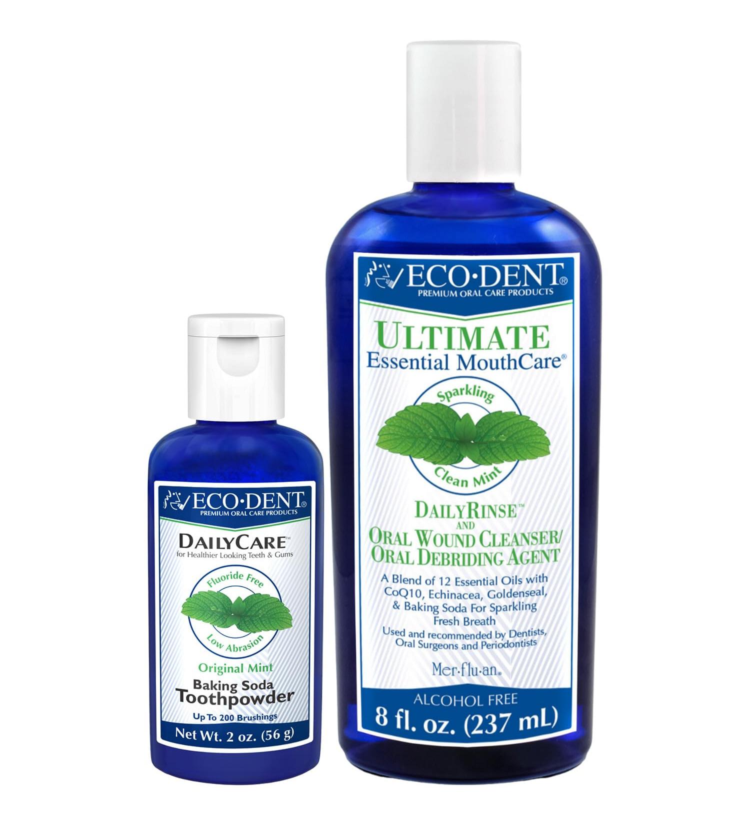 Eco-Dent Oral Care Bundle - DailyCare Baking Soda Toothpowder + DailyRinse Oral Wound Cleaner Debriding Agent Effervescent Tooth Powder & Mouthwash with Essential Oils Mint Flavor (2 Piece Set) - Buy Online on GoSupps.com
