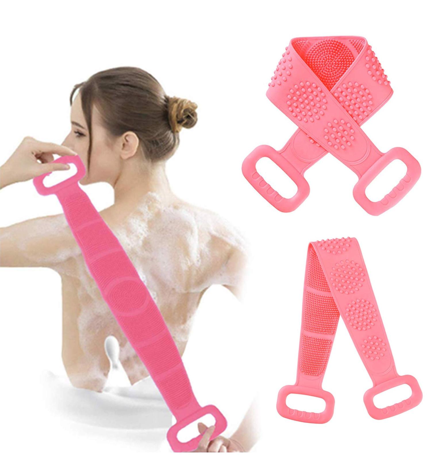 Silicone Back Scrubber for Shower and Bath - Exfoliating Skin Body Scrubber with Soft Brush Bristles and Massage Dots - Pink - Buy Online on GoSupps.com