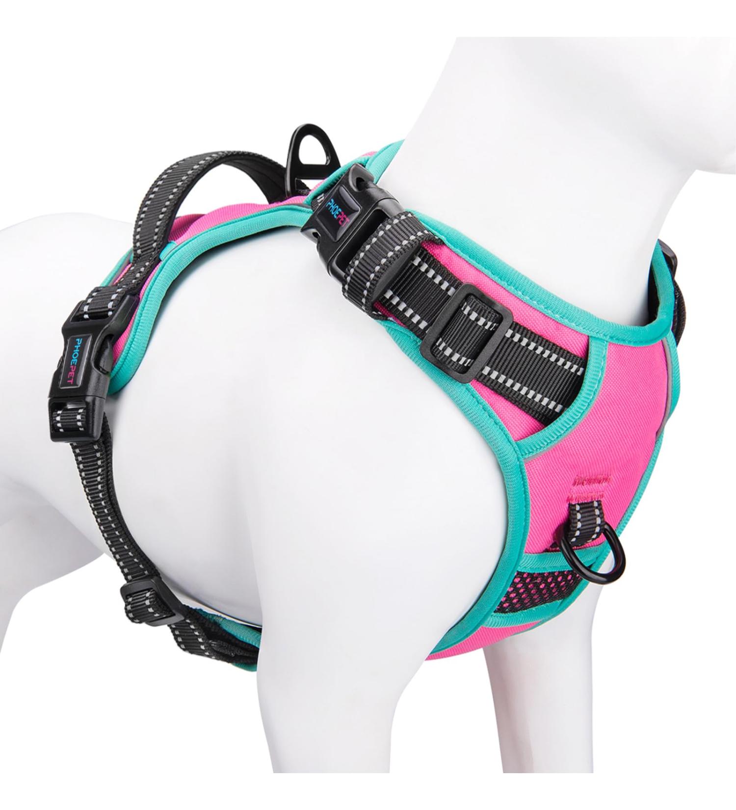 Phoepet XL Reflective Dog Harness - Adjustable Vest with Training Handle 2 Metal Hooks & Snap Buckles - Rosa - Buy Online on GoSupps.com