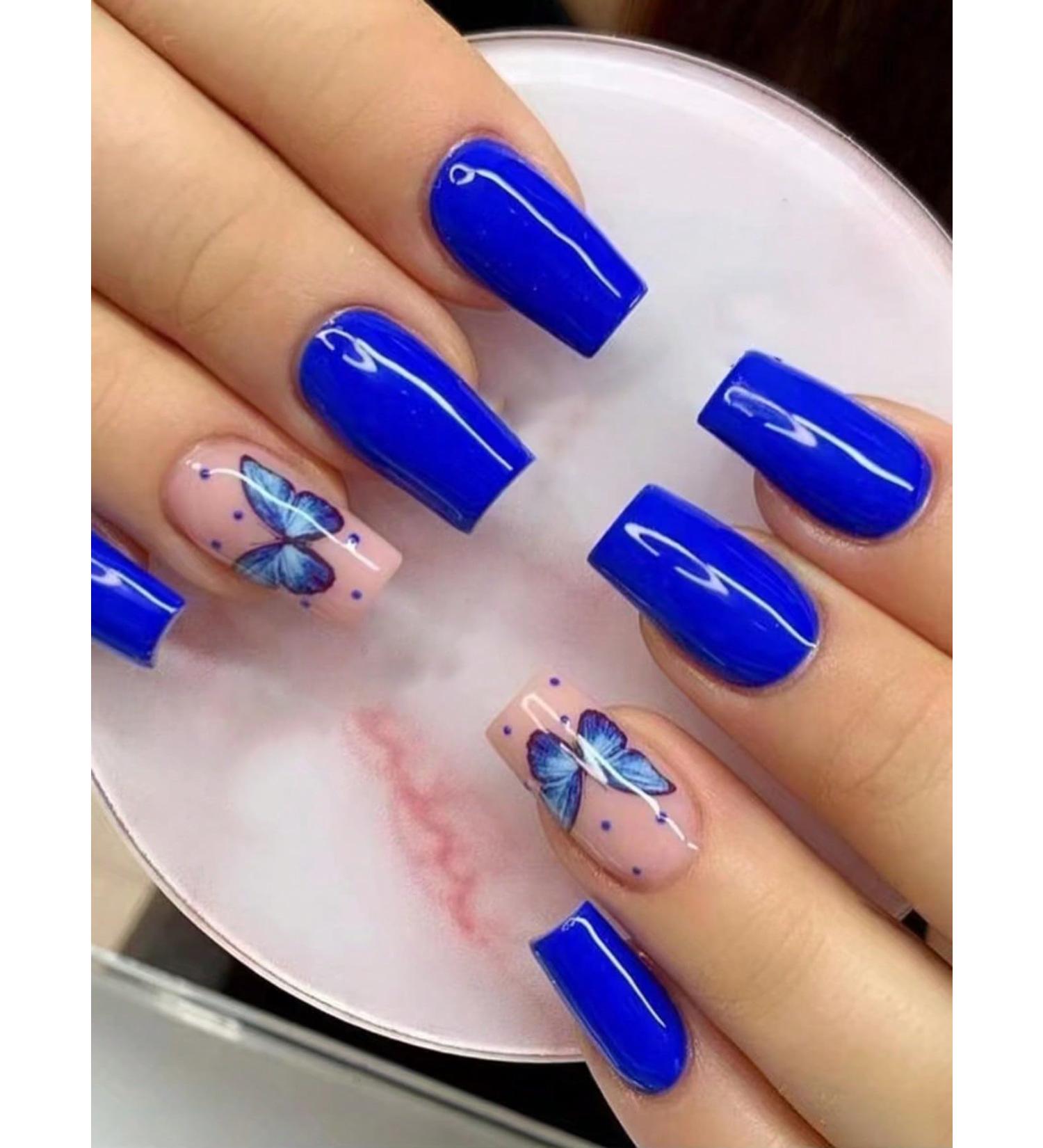 24pcs Butterfly Coffin Fake Nail Blue Butterfly Press on Nails Trendy Butterfly Coffin Nails Luxurious Nails Acrylic Nails Fake Nails For Women Girls - Buy Online on GoSupps.com