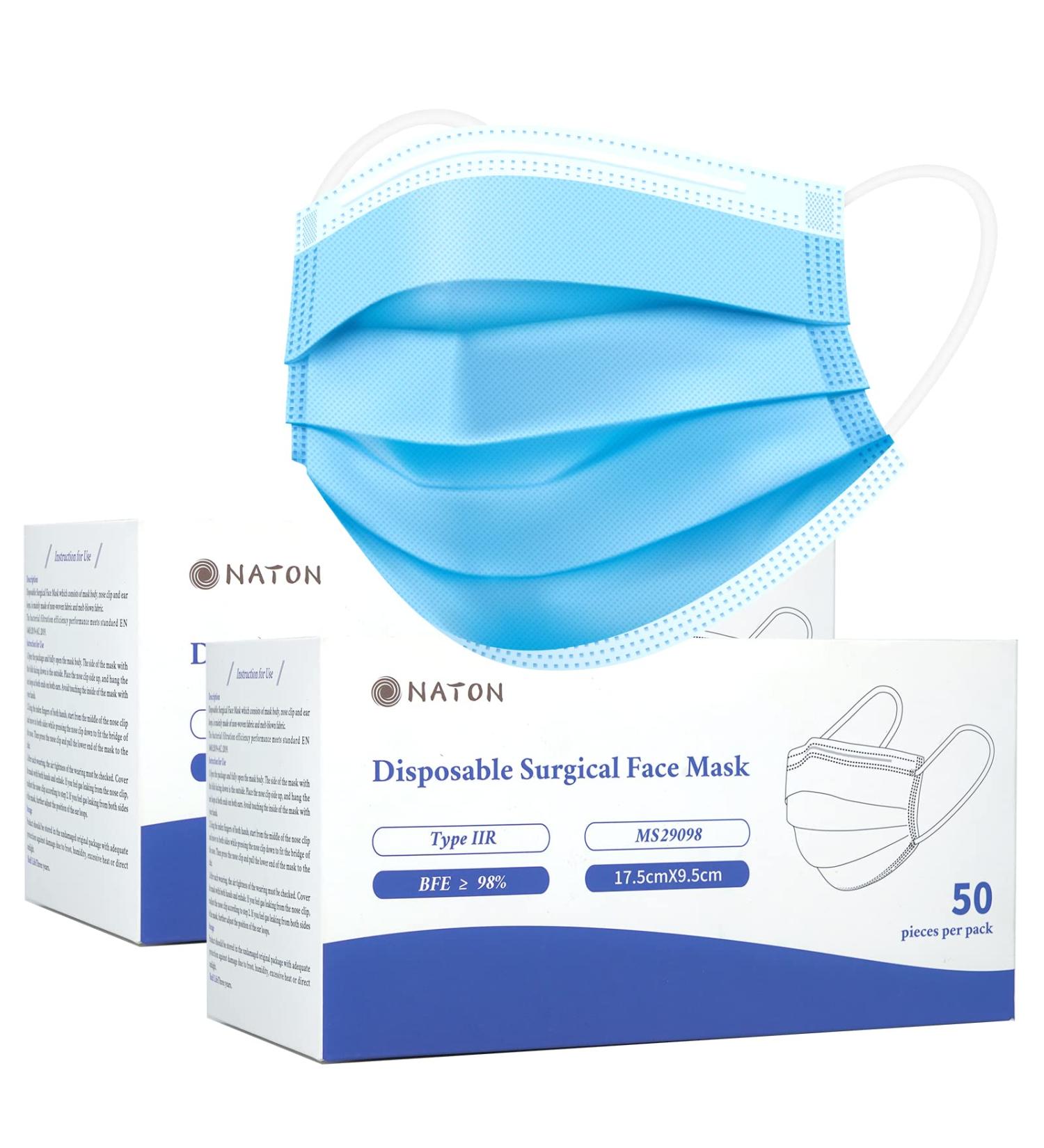 Naton Pack of 50 Medical Disposable Masks - 3-Ply Blue Surgical Masks EN 14683 Type IIR CE Certified Face Protection - Buy Online on GoSupps.com