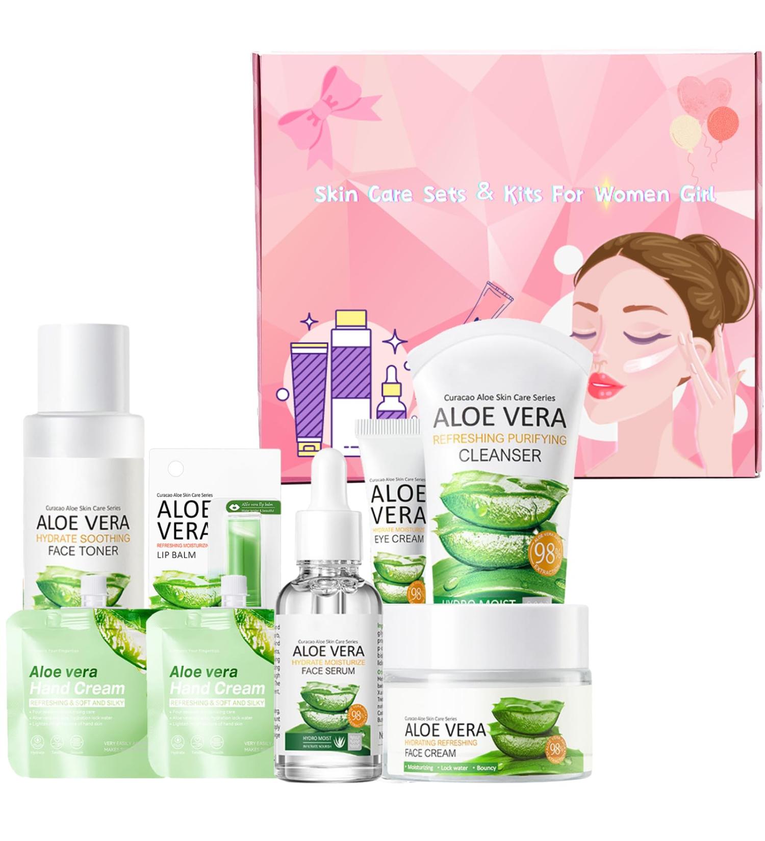 Aloe Vera Skincare Gift Set for Women - 8PCS Pamper Kit with Cleanser, Lip Balm, Eye Cream, Toner, Face Cream, Serum, Hand Cream - Hydrating & Refreshing Gift Set - Buy Online on GoSupps.com