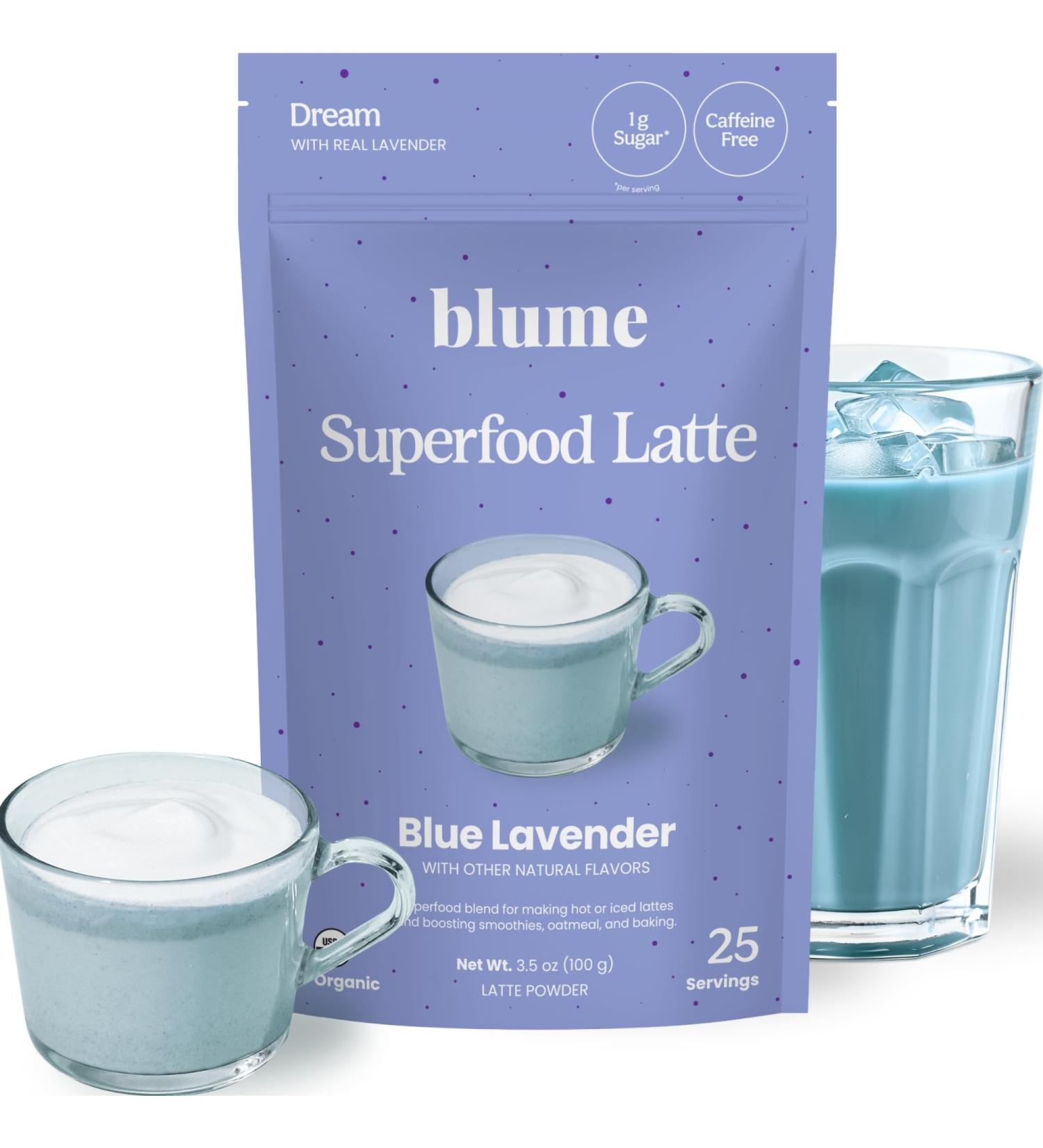 Blume Superfoods Latte - Blue Lavender Powder with Blue Spirulina and Coconut Milk Caffeine Free Low-Sugar Organic Keto Friendly Vegan supports sleep and calmness Lavender Latte- 25 Servings - Buy Online on GoSupps.com