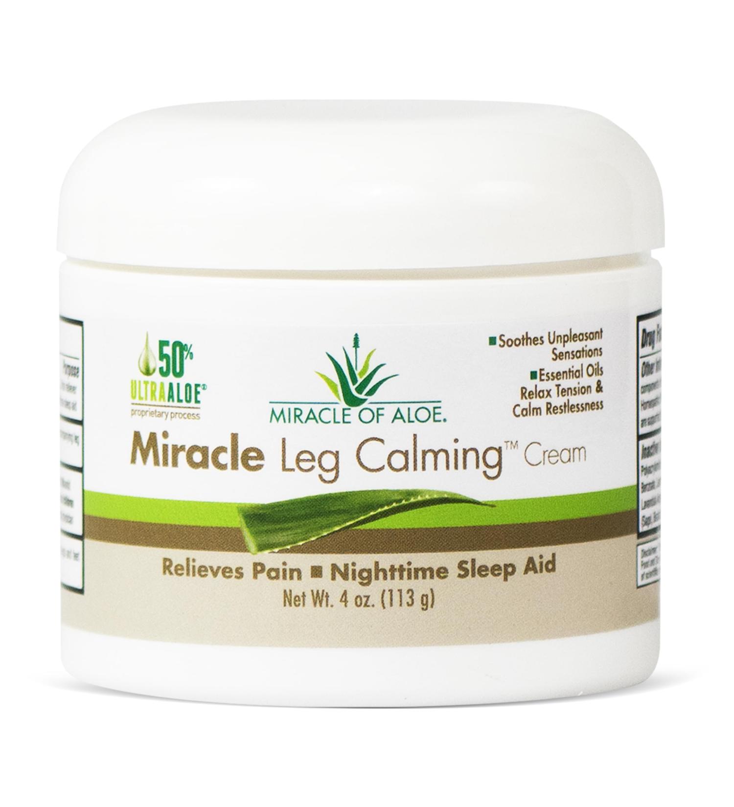 Miracle of Aloe Leg Calming Cream 4 Oz Nighttime Leg Relaxing Cream Formulated with 100% Natural Aloe Vera Sage and Lavender.