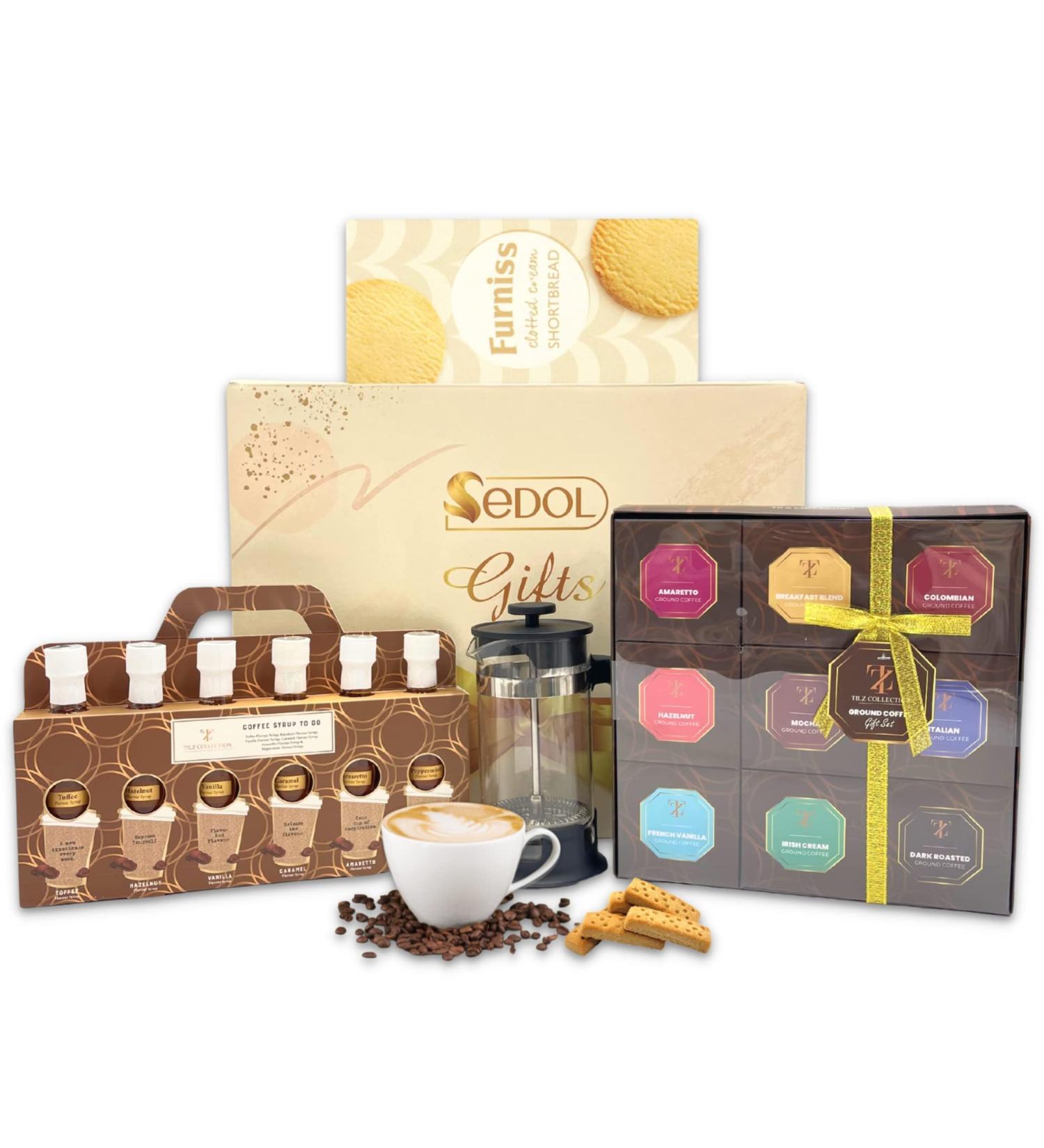 Coffee Gift Set Hamper - Flavoured Ground Coffee Medium-Dark Roasted Flavoured Coffee Syrup Shortbread & French Press Coffee Maker - Christmas Hamper Gift for Coffee Lover - Gifts for Him and Her Variety Ground Coffee Hamper - Buy Online on GoSupps.com
