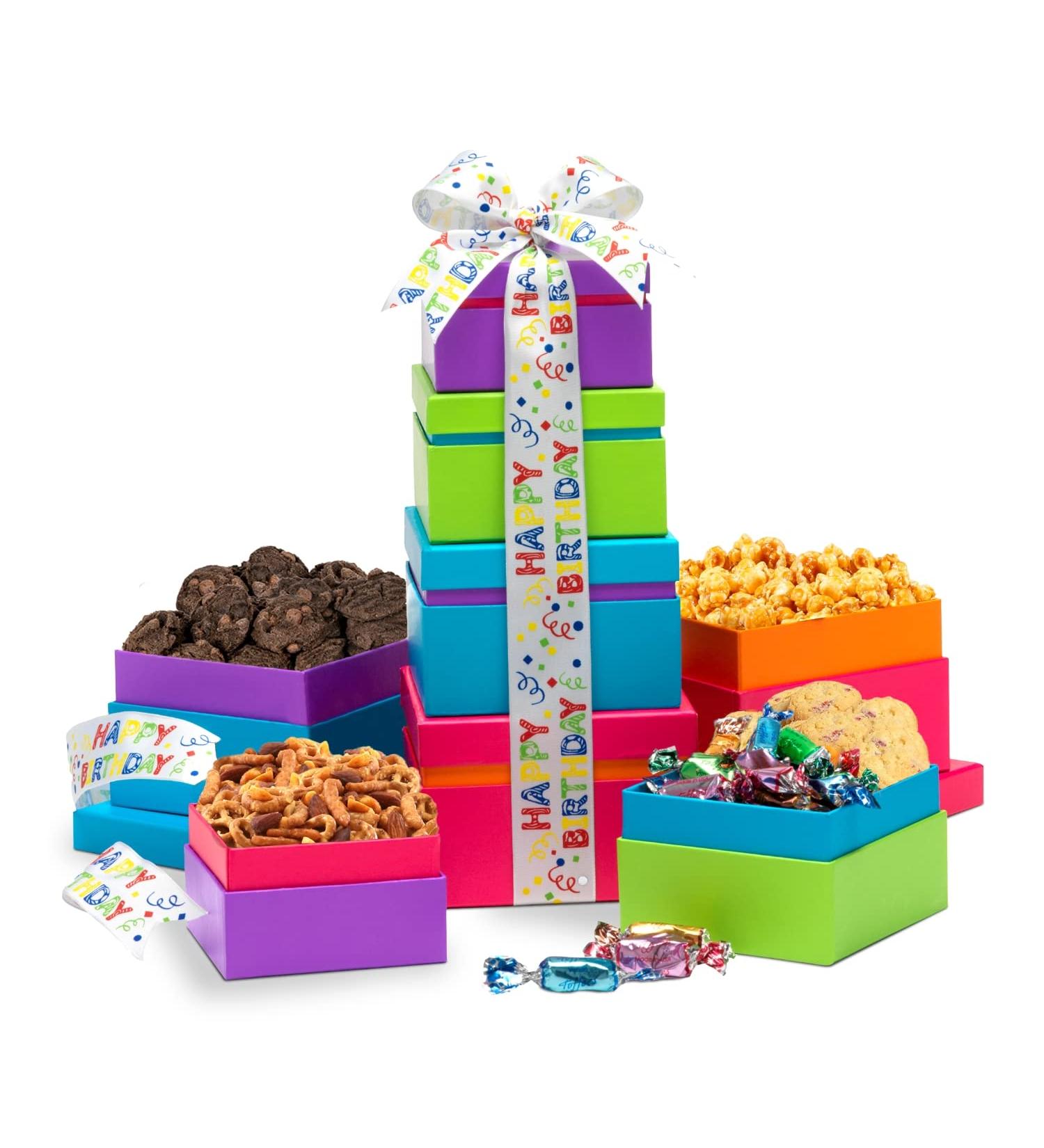 Broadway Basketeers Gourmet Gift Basket Tower | Birthday Snack Box for Parties | Sweet & Savory Treats | Best Wishes for Women, Men, Mom, Dad, Her, Him, Families - Buy Online on GoSupps.com