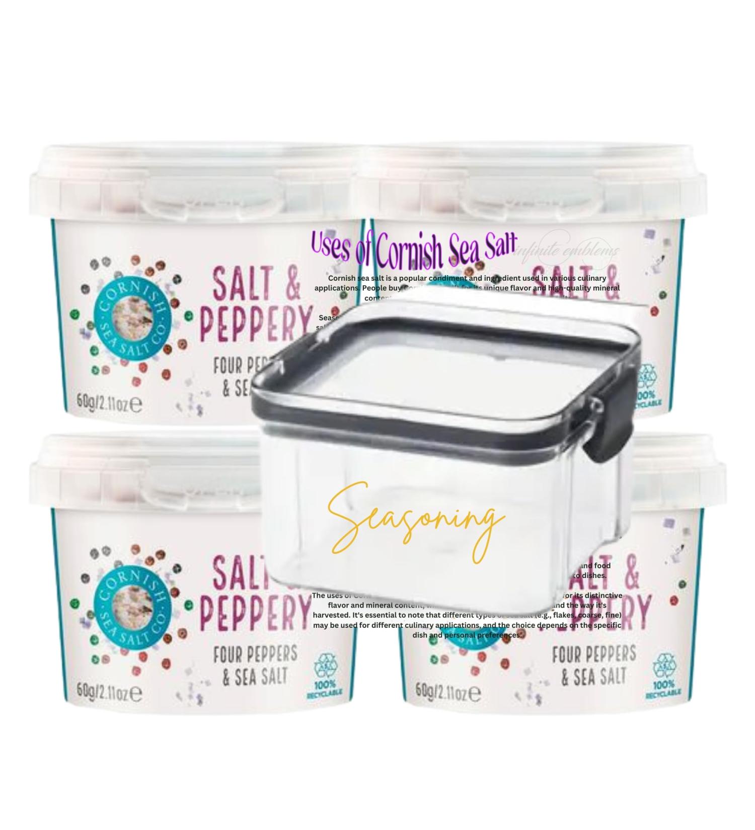 Sea Salt Flakes Pepper Seasoning Bundle with Cornish Sea Salt 4 x 60g and Infinite Emblems 460ml Air Tight Kitchen Storage Container Seasoning Vinyl Sticker & A Handy Guide - Buy Online on GoSupps.com
