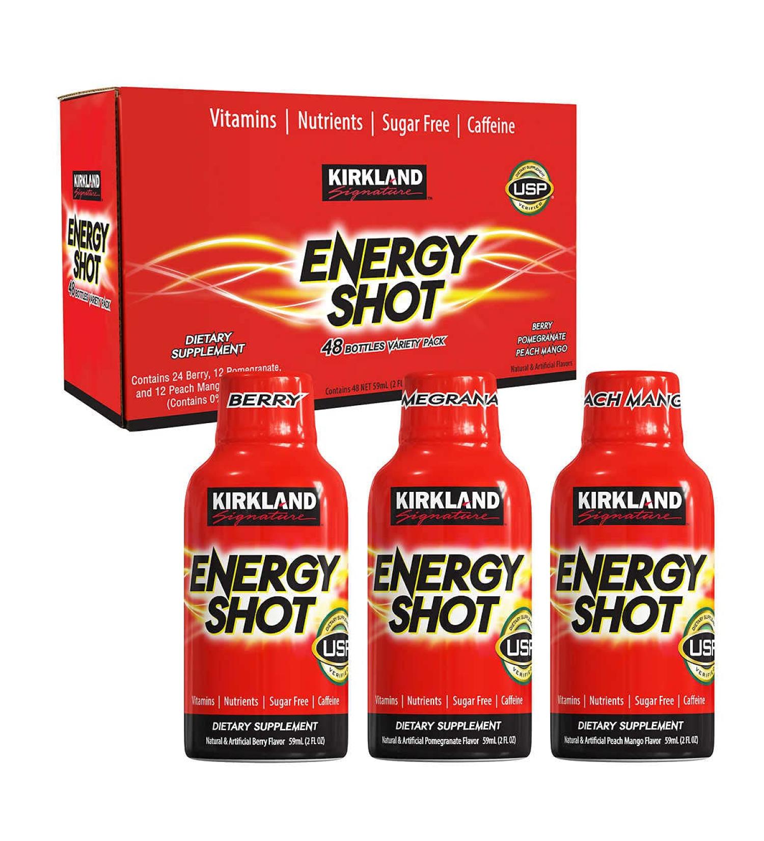 Kirkland Signature Energy Shot Dietary Supplement: 48 Bottles Variety Pack of 2 Fl Oz