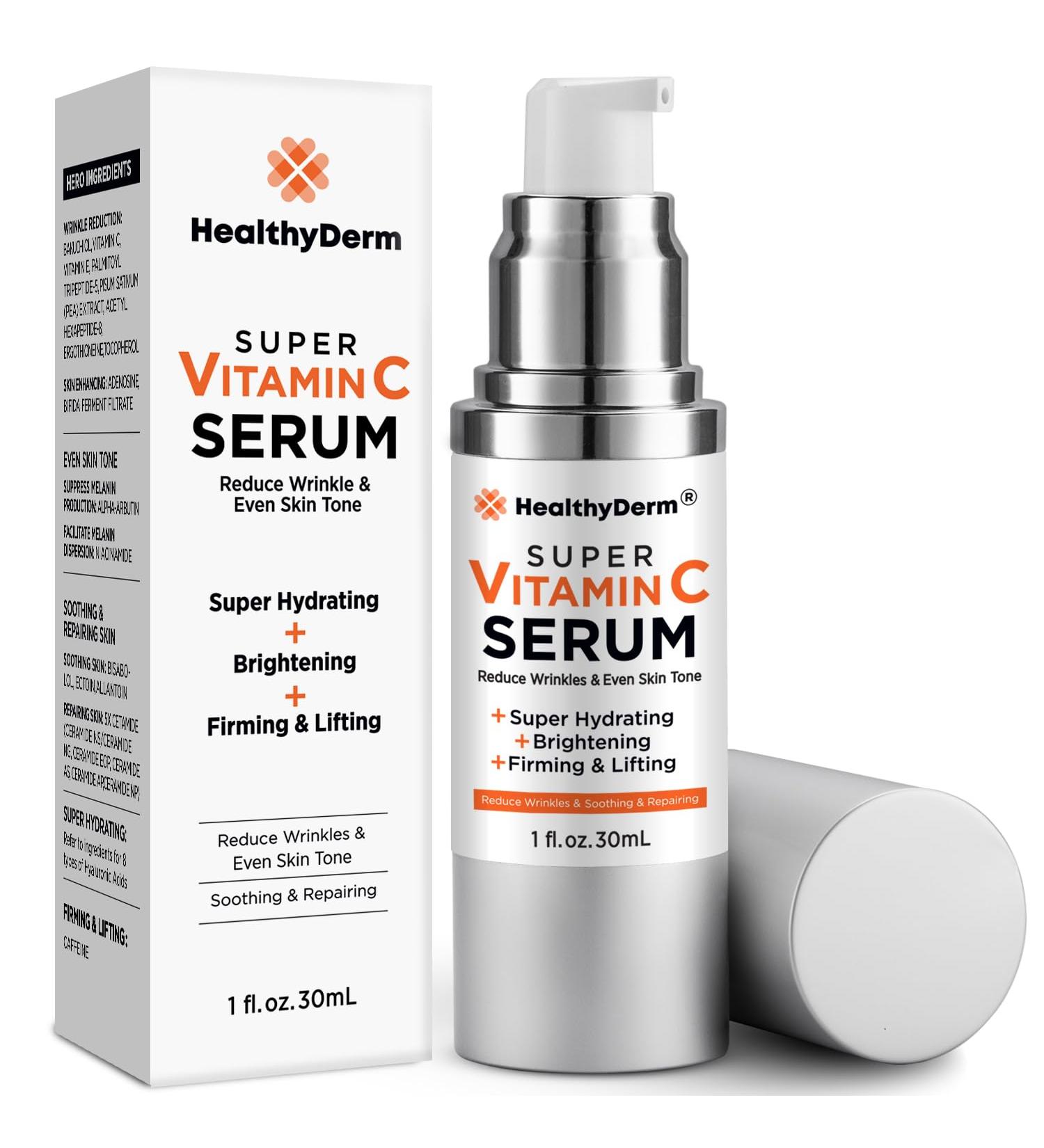 Super Vitamin C Serum for Mature Skin - Hydrating Anti-Aging Formula with Hyaluronic Acid & Vitamin E for Wrinkle & Age Spot Reduction - Buy Online on GoSupps.com