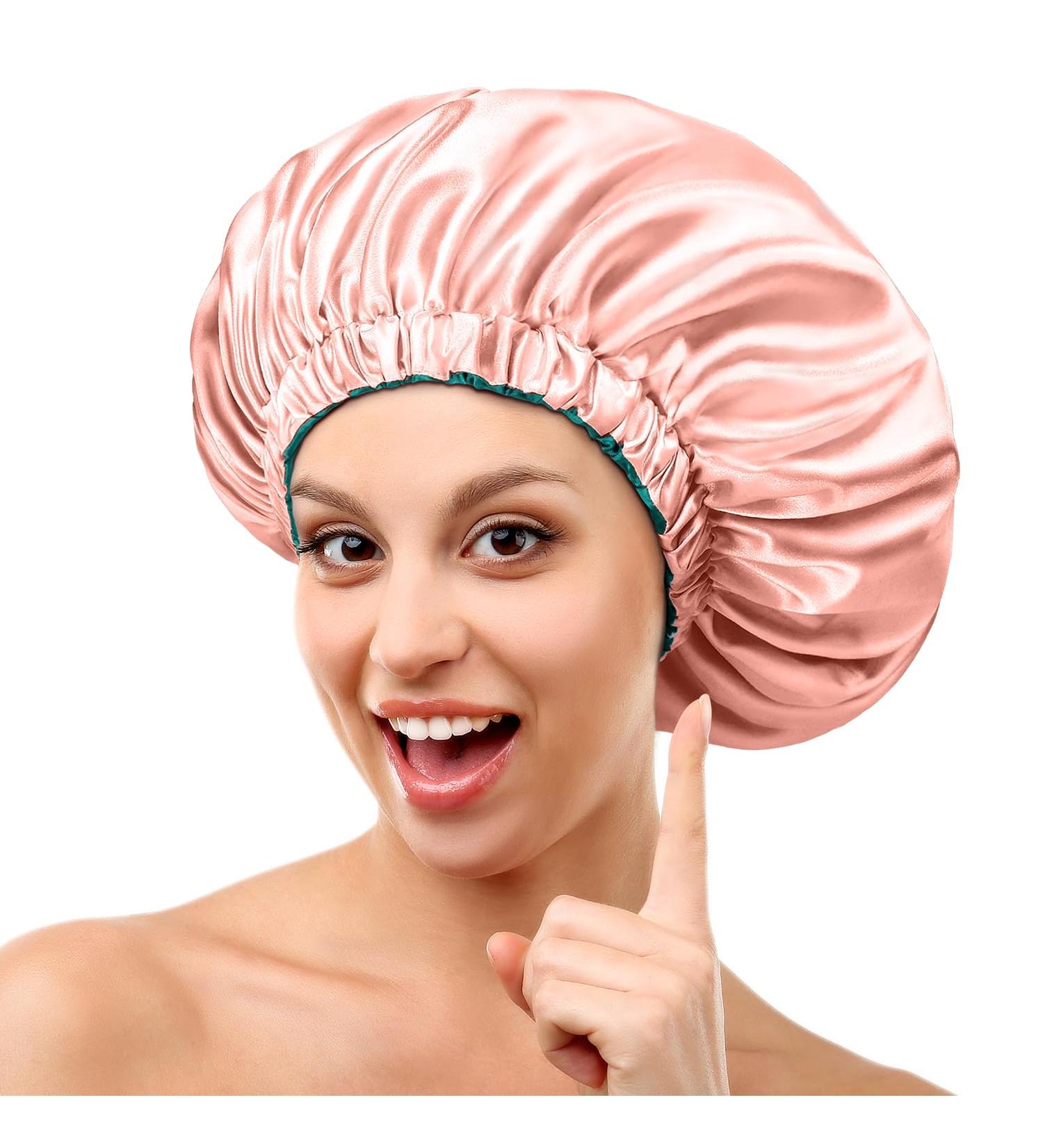 Mikimini Satin Hood for Curly Hair | Extra Large Double-Layer Sleep-Hair Hood | Stylish Green & Pink Silk Hood for Women - XL Size - Buy Online on GoSupps.com