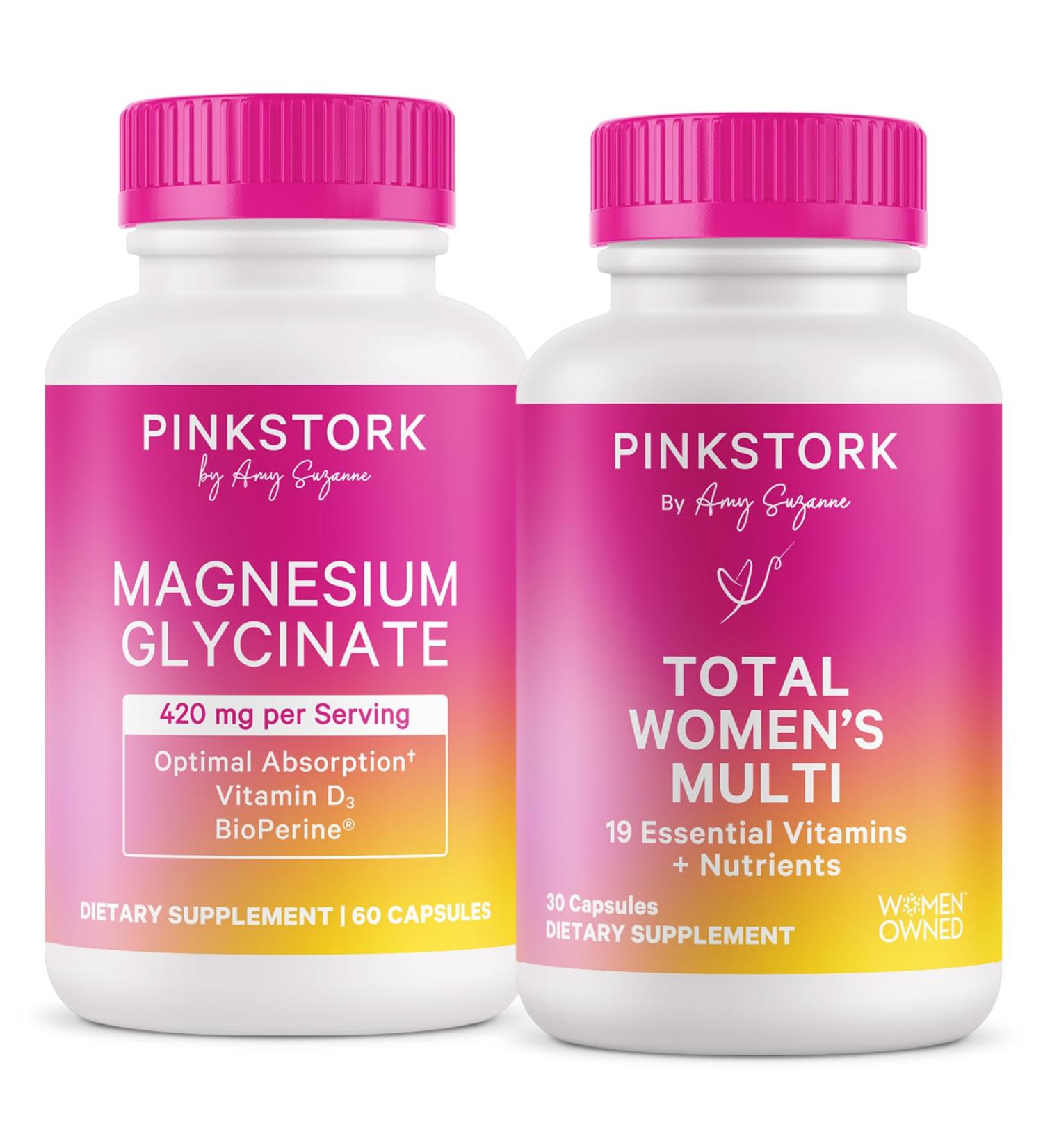 Pink Stork Magnesium Glycinate and Women's Multivitamin Bundle - Magnesium Supplement for Women Calm Mood Hair Skin and Nails - Buy Online on GoSupps.com