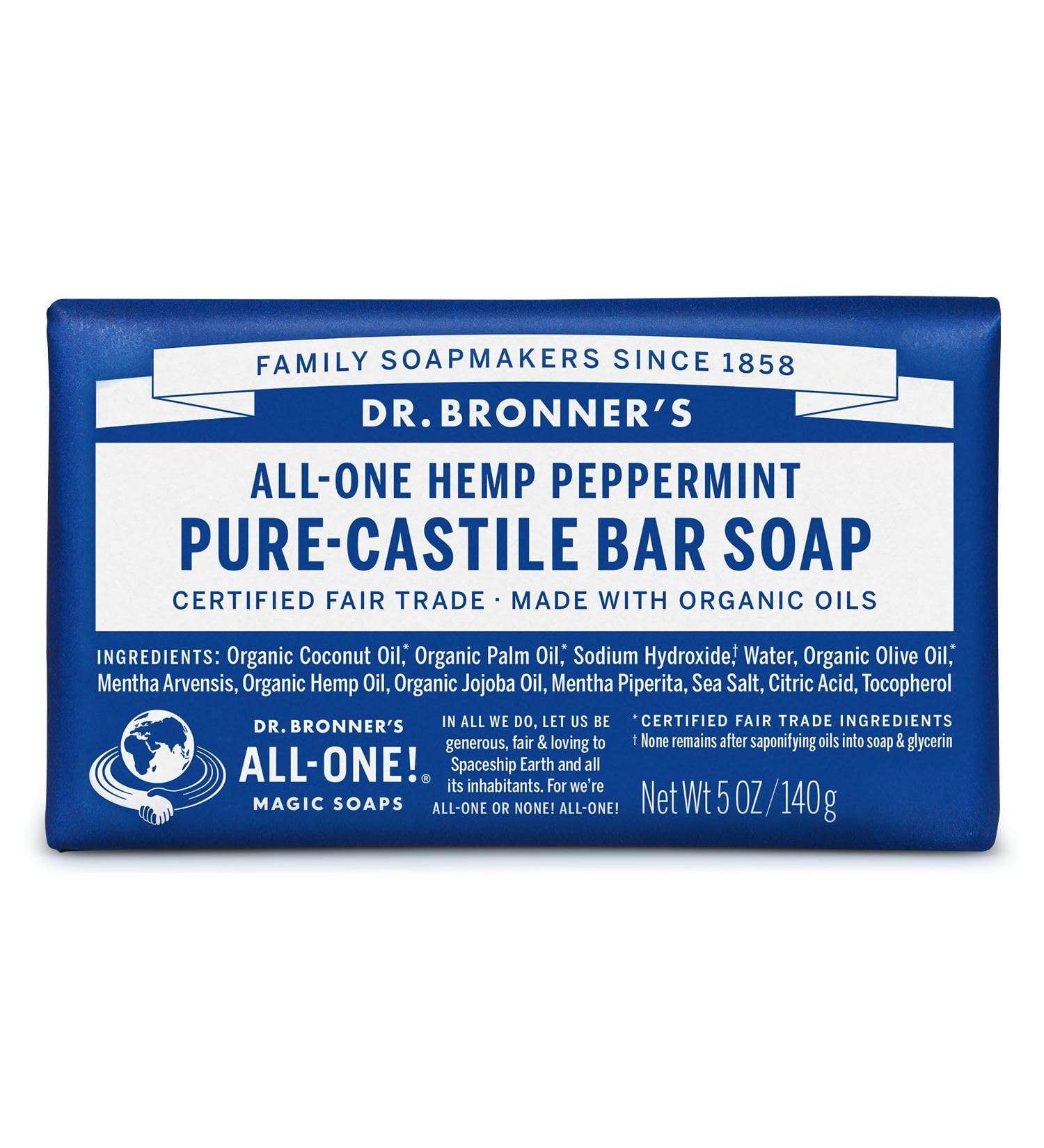 Dr. Bronner's Peppermint Pure-Castile Bar Soap - Organic, Fairtrade, Vegan - 140g Bar (1 Pack) - Buy Online on GoSupps.com