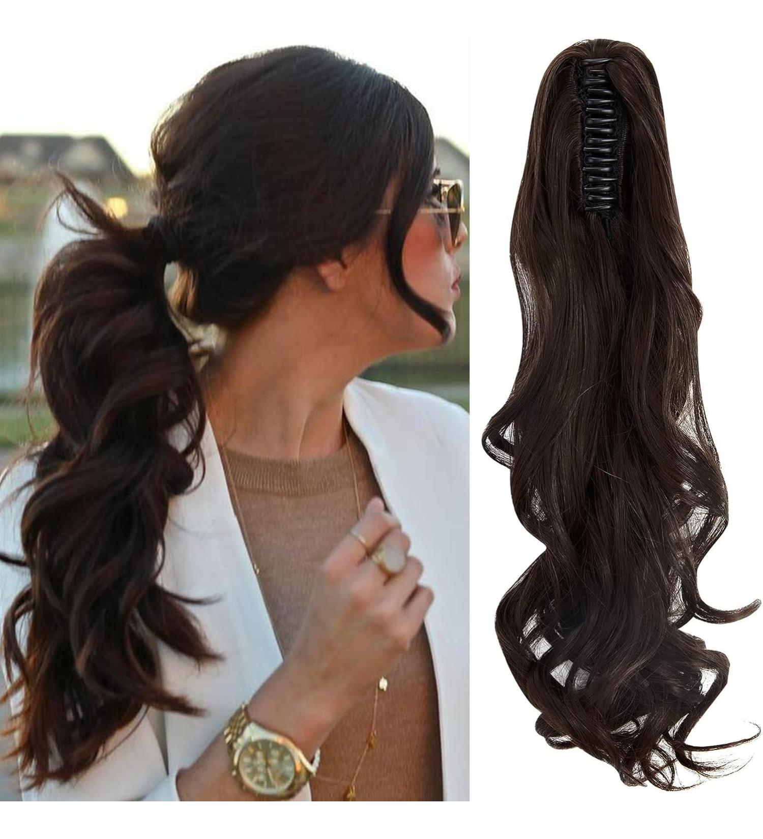 FXYTK Clip in Ponytail Hair Extension Claw | 18 Inch Curly Medium Brown - Buy Online on GoSupps.com