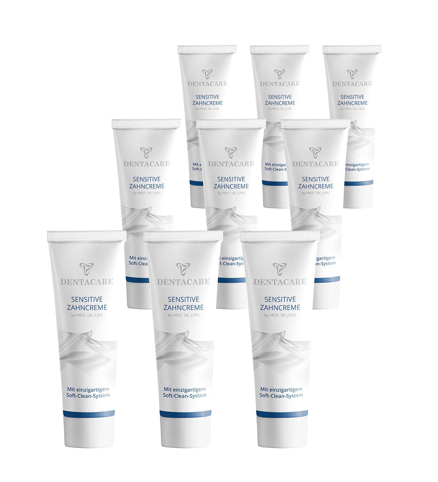  Dentacare (9 x 75 ml) Dentacare Sensitive Dental Cream by PROF DR. Jung with the innovative Soft Clean system gently and thoroughly removes stains and coatings. - Buy Online on GoSupps.com