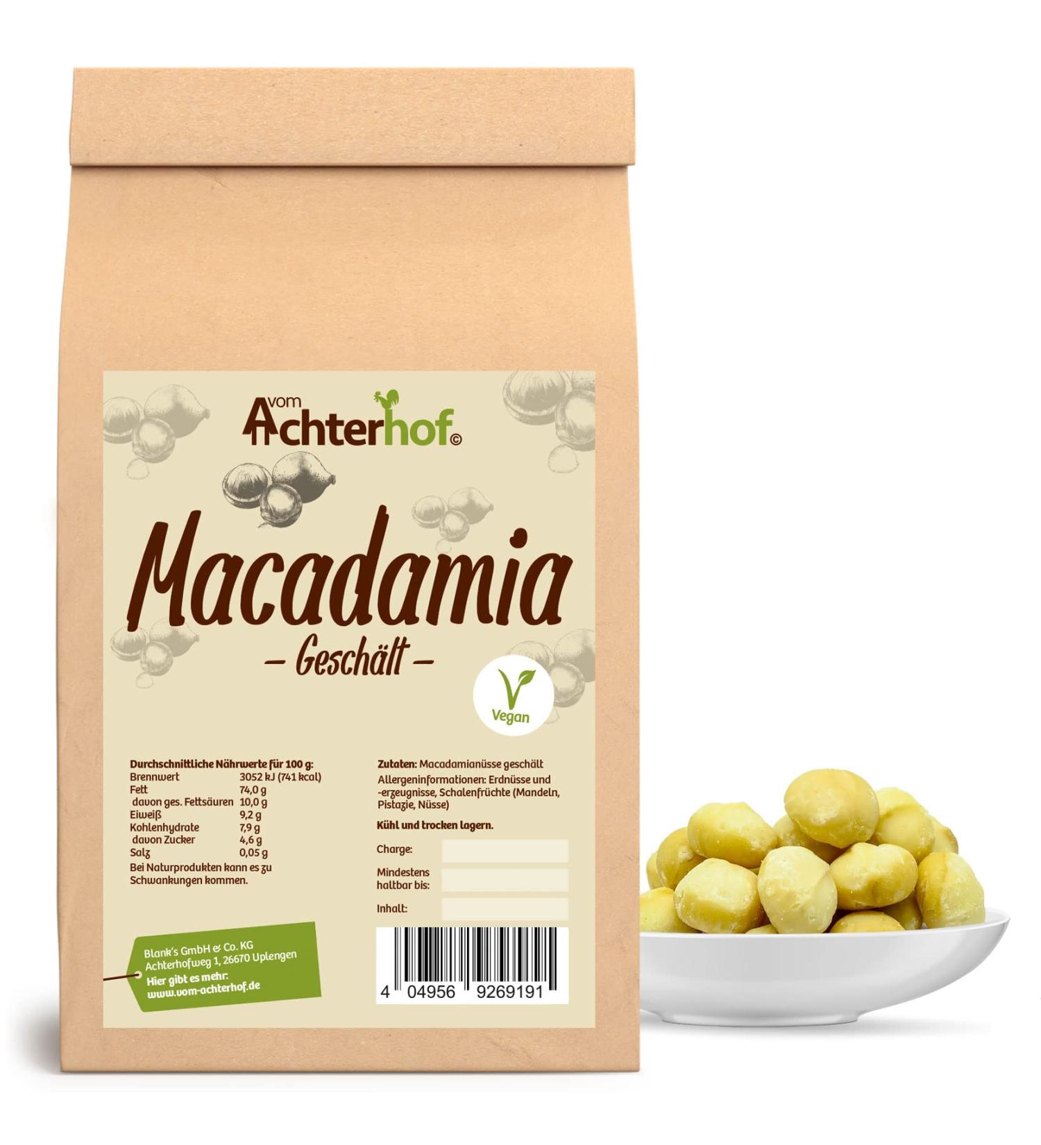 Macadamia peeled 500g |whole Macadamia nut peeled |Ideal for cooking baking or as a healthy snack |Macadamia nuts sun -ripe from Australia |From the Achterhof butter 500 g (1 Pack)