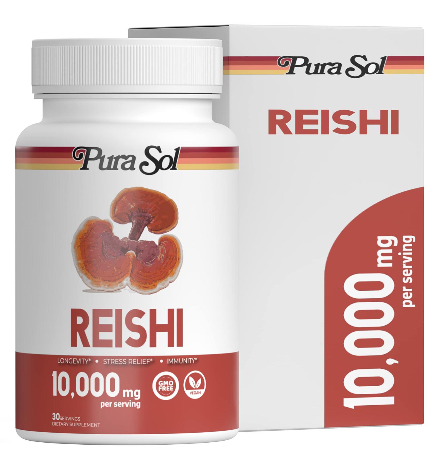 Pura Sol Reishi Mushroom Capsules 10,000mg - Ganoderma Powder Extract Supplement for Immune Support & Longevity - Heart Health, Mood & Stress Management - Gluten-Free & Vegan - 60 Capsules - Buy Online on GoSupps.com