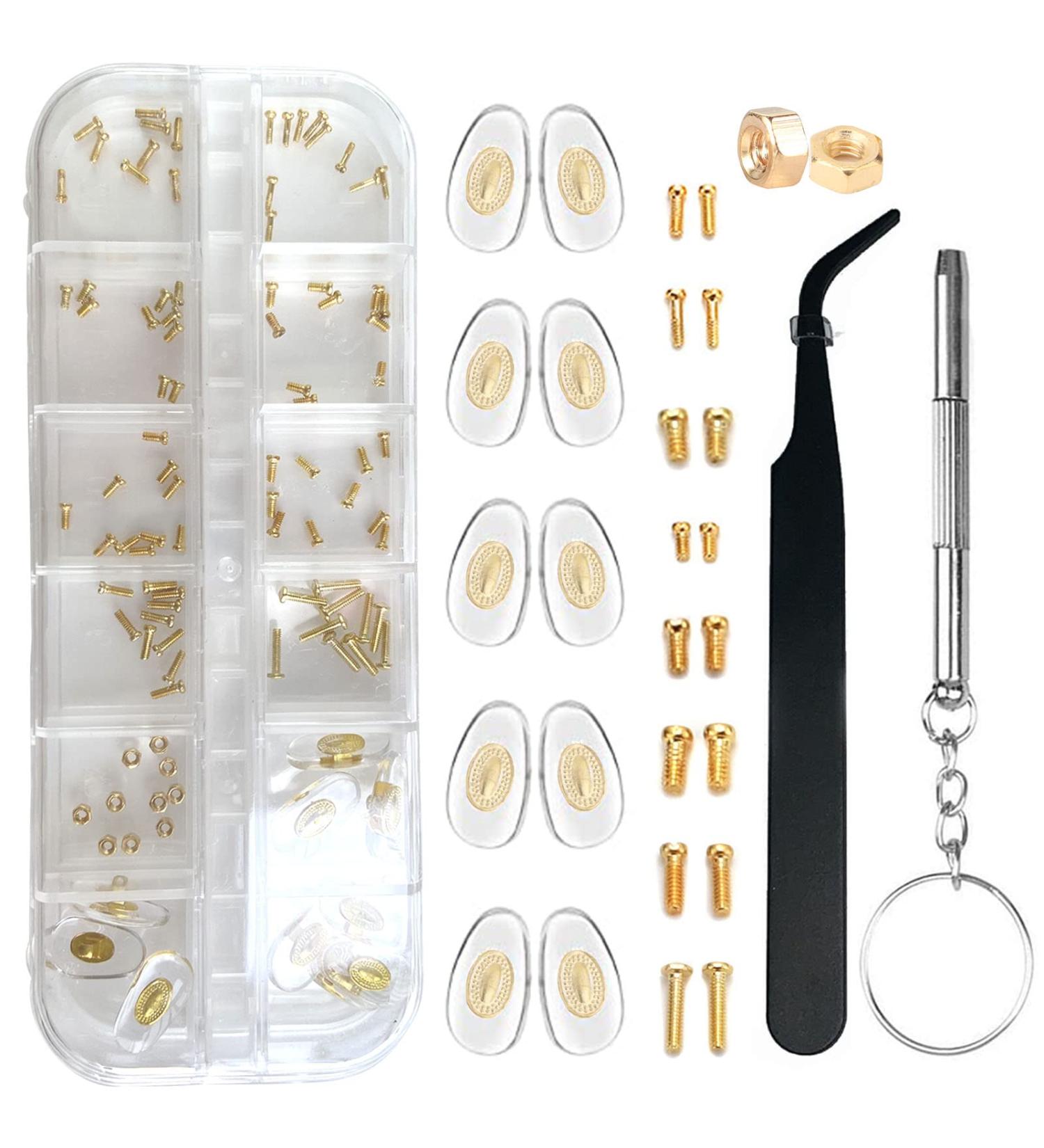 Eyeglass Repair Kit BAZQU - 5 Pairs Nose Pads, Screws, Screwdriver, Tweezers - Gold - Buy Online on GoSupps.com