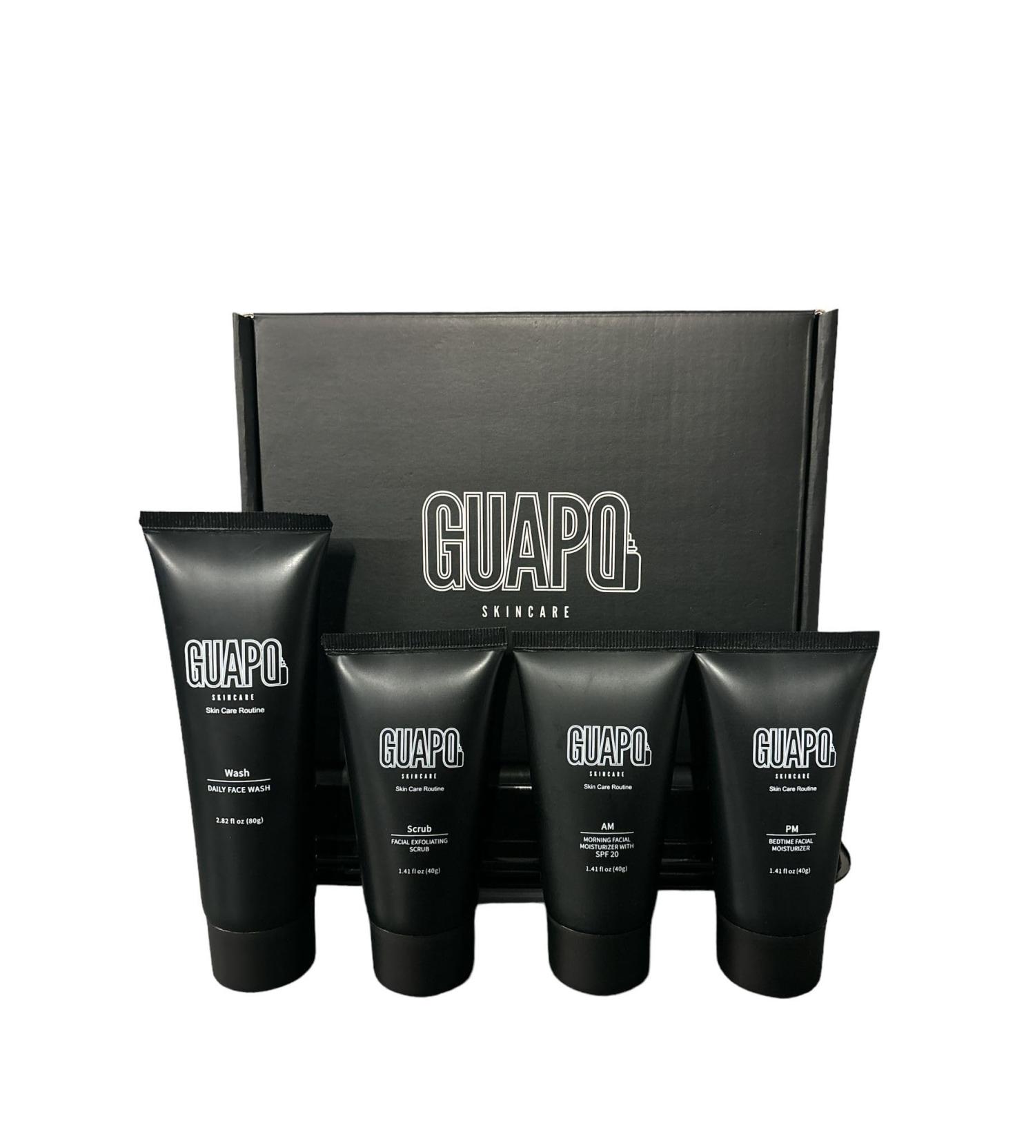 Guapo Skincare - Mens Skincare Routine Facewash Kit 4 Step Regime Including Face Wash Facial Scrub SPF20 Moisturiser and Nightime Lotion - Buy Online on GoSupps.com