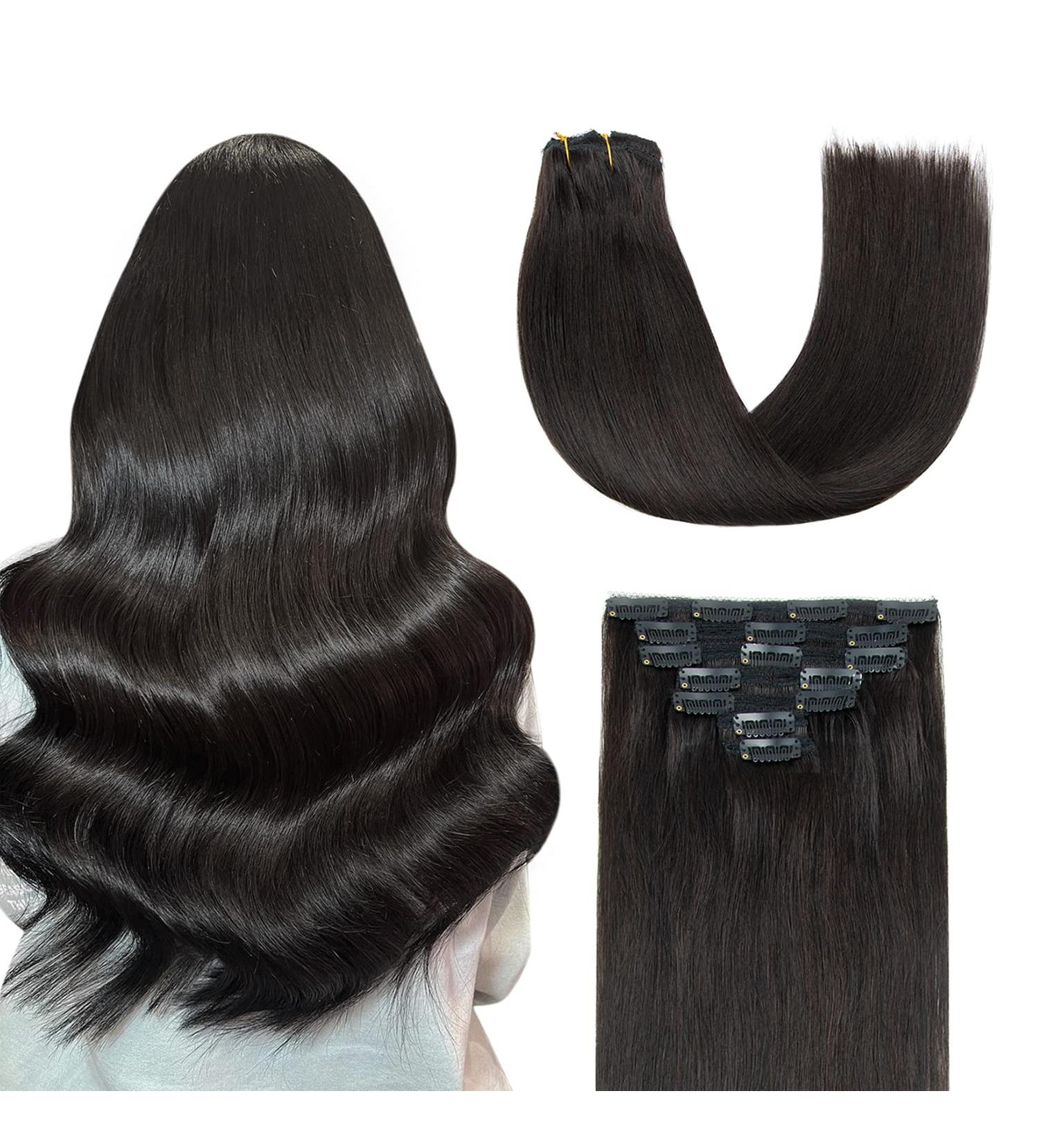 Agmity Real Hair Extensions Clip - Natural Black 7 Pieces 45cm 120g - Remy Double Sewn Clip-In Extensions #1B - Buy Online on GoSupps.com
