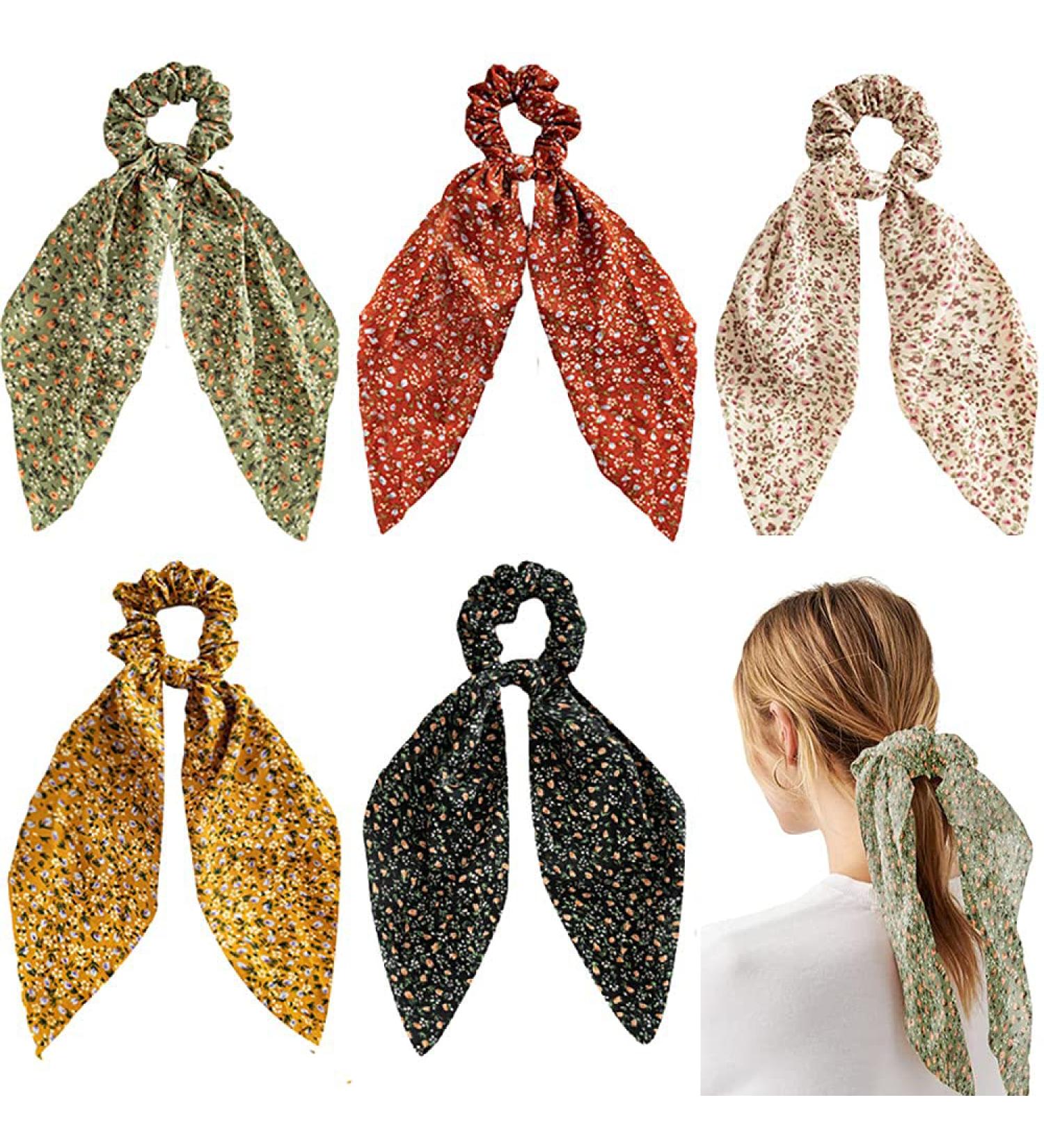 5 Pack Floral Hair Scarves & Ties Chiffon Flower Scrunchies & 2-in-1 Hair Accessories for Women & Girls - Buy Online on GoSupps.com