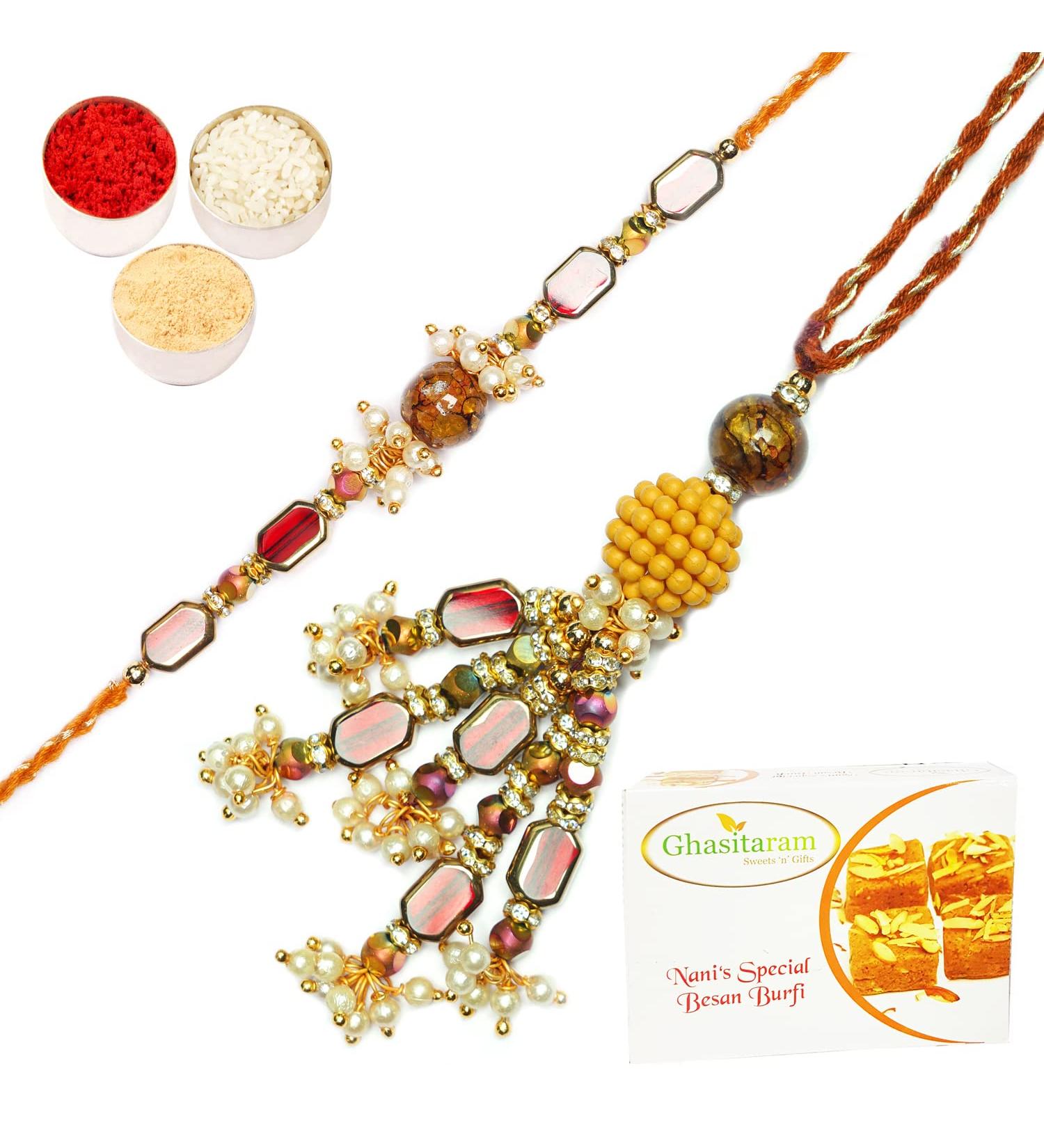 Ghasitaram Gifts Rakhis Online - Rakhi for Brother- RM-179 Bhaiya Bhabhi Rakhi with 400 GMS of Besan Barfi Rakhi Set with 400 gms of Besan Barfi - Buy Online on GoSupps.com