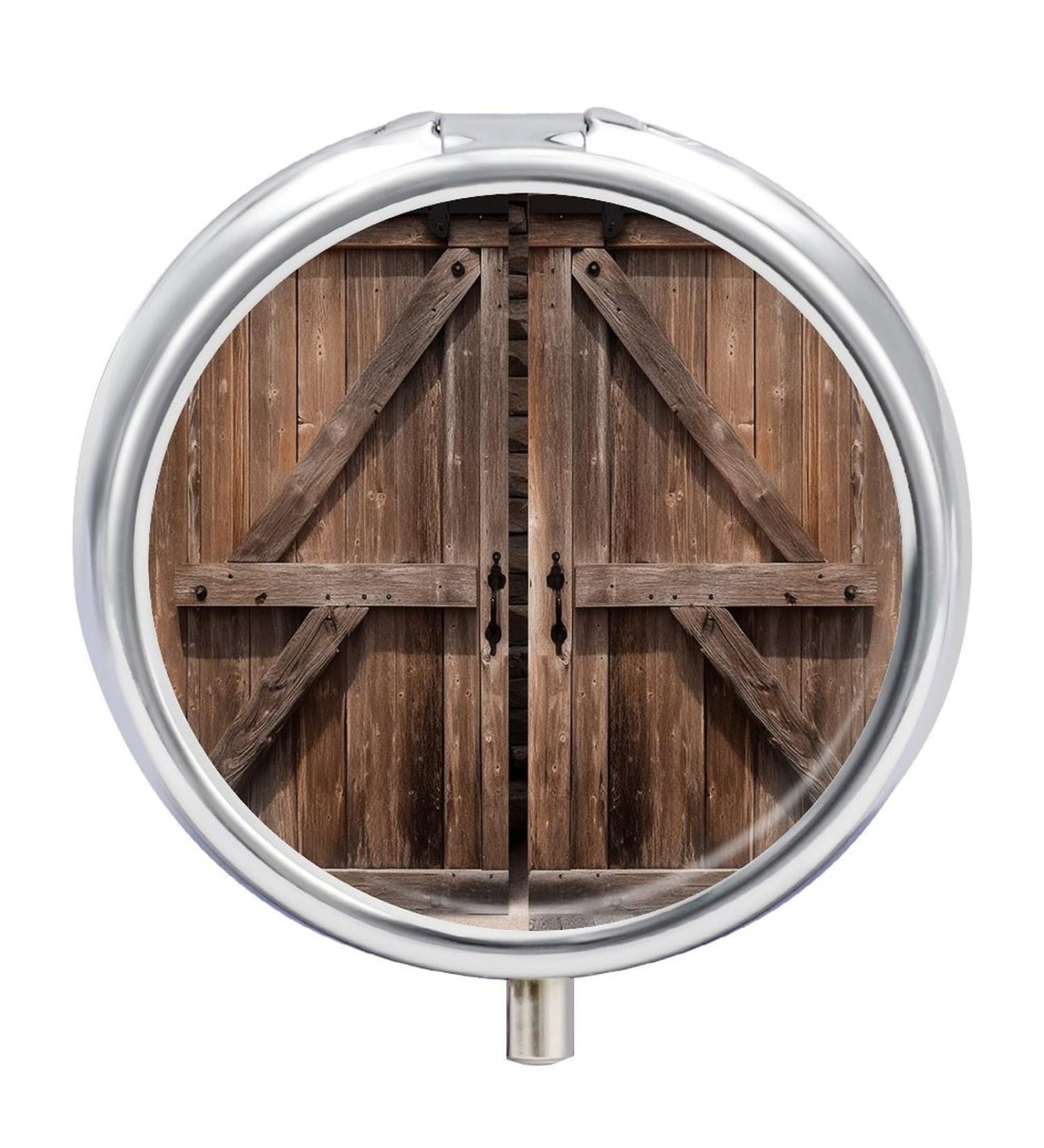 Vintage Wooden Barn Door Print Round Pill Box | 3 Compartment Portable Medicine Organizer | Decorative Metal Pocket Pill Case - Style 40 - Buy Online on GoSupps.com