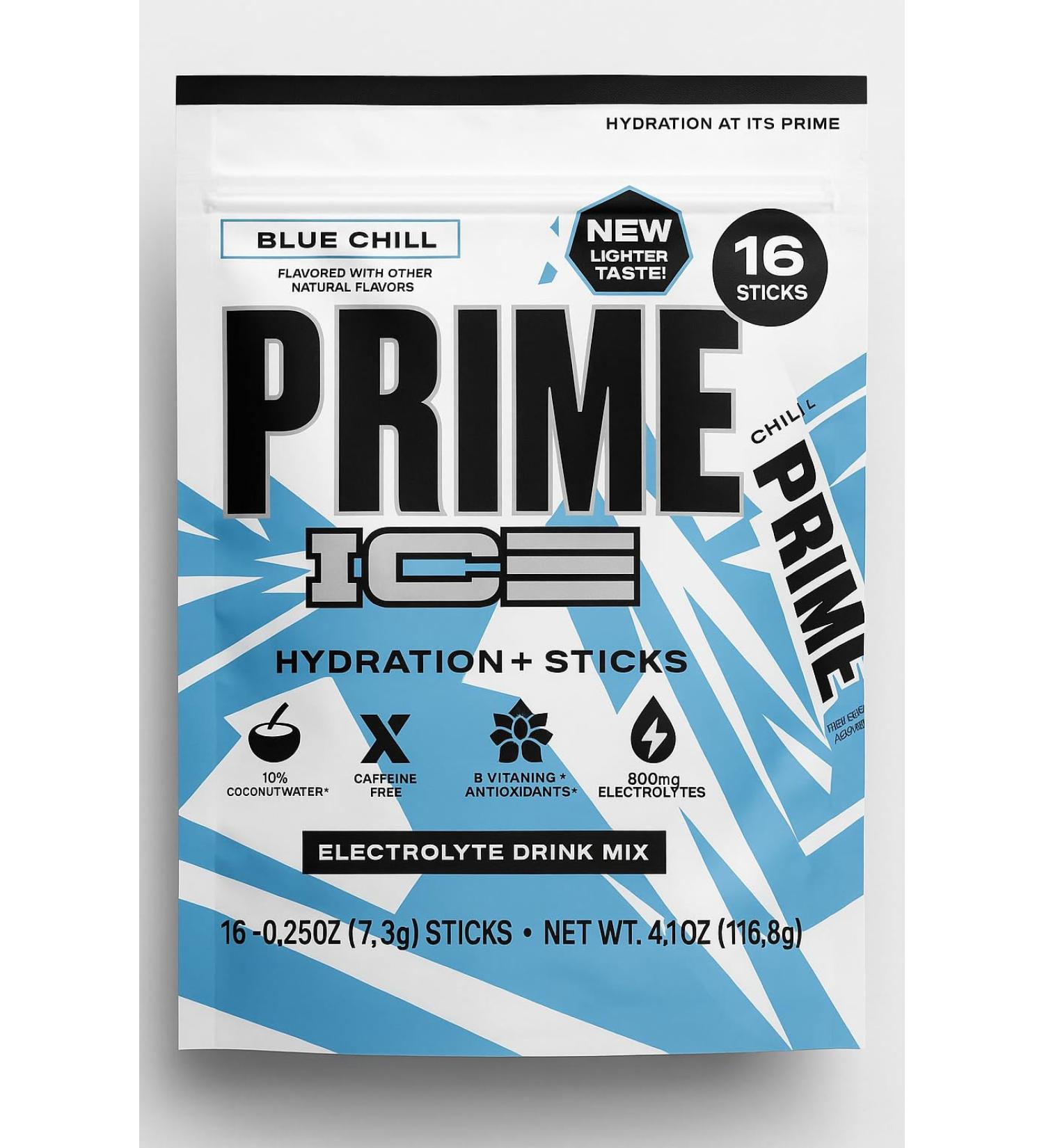 PRIME HYDRATION ICE Sticks Hydration Powder Single Serve Sticks Electrolyte Powder On The Go 250mg BCAAs B Vitamins Antioxidants Low Sugar Caffeine-Free Vegan 16 Sticks