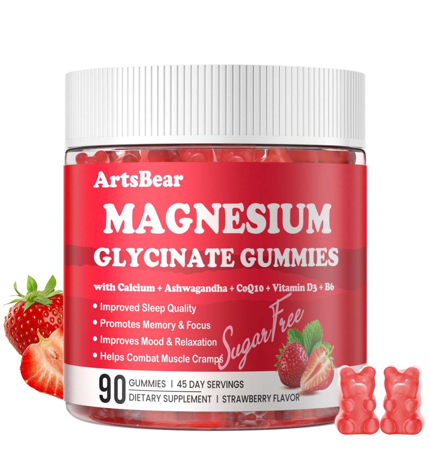 Magnesium Glycinate Gummies 1000mg with Calcium, Vitamin D3, B6 & CoQ10 - Strawberry, 90 Count - Calm Supplement for Sleep, Muscle Cramps & Stress Relief | Ashwagandha | Sugar-Free & Vegan Strawberry 90 Count (Pack of 1) - Buy Online on GoSupps.com