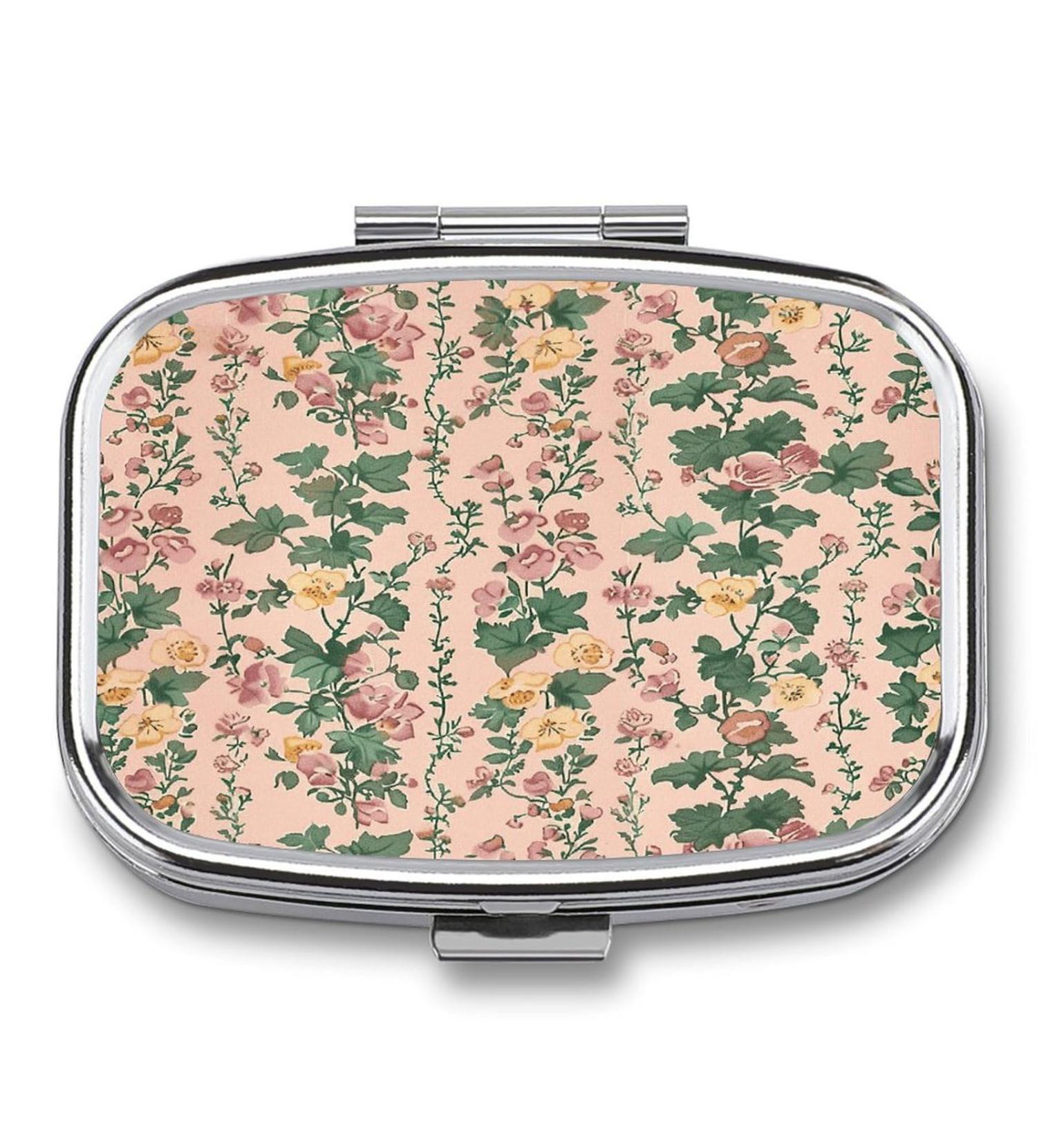 Decorative 2 Compartment Pill Box with Flower Pattern | Portable Metal Pill Organizer for Pocket & Purse | Ideal Medicine Case - Buy Online on GoSupps.com