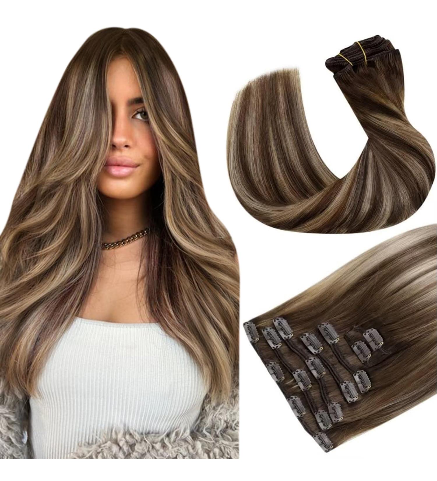 Buy Hetto Brown Real Hair Clip-In Extensions | Balayage Remy Hair - Chocolate Brown to Caramel Blond #4/27/4 - 120g 50 cm - Best Seller! - Buy Online on GoSupps.com