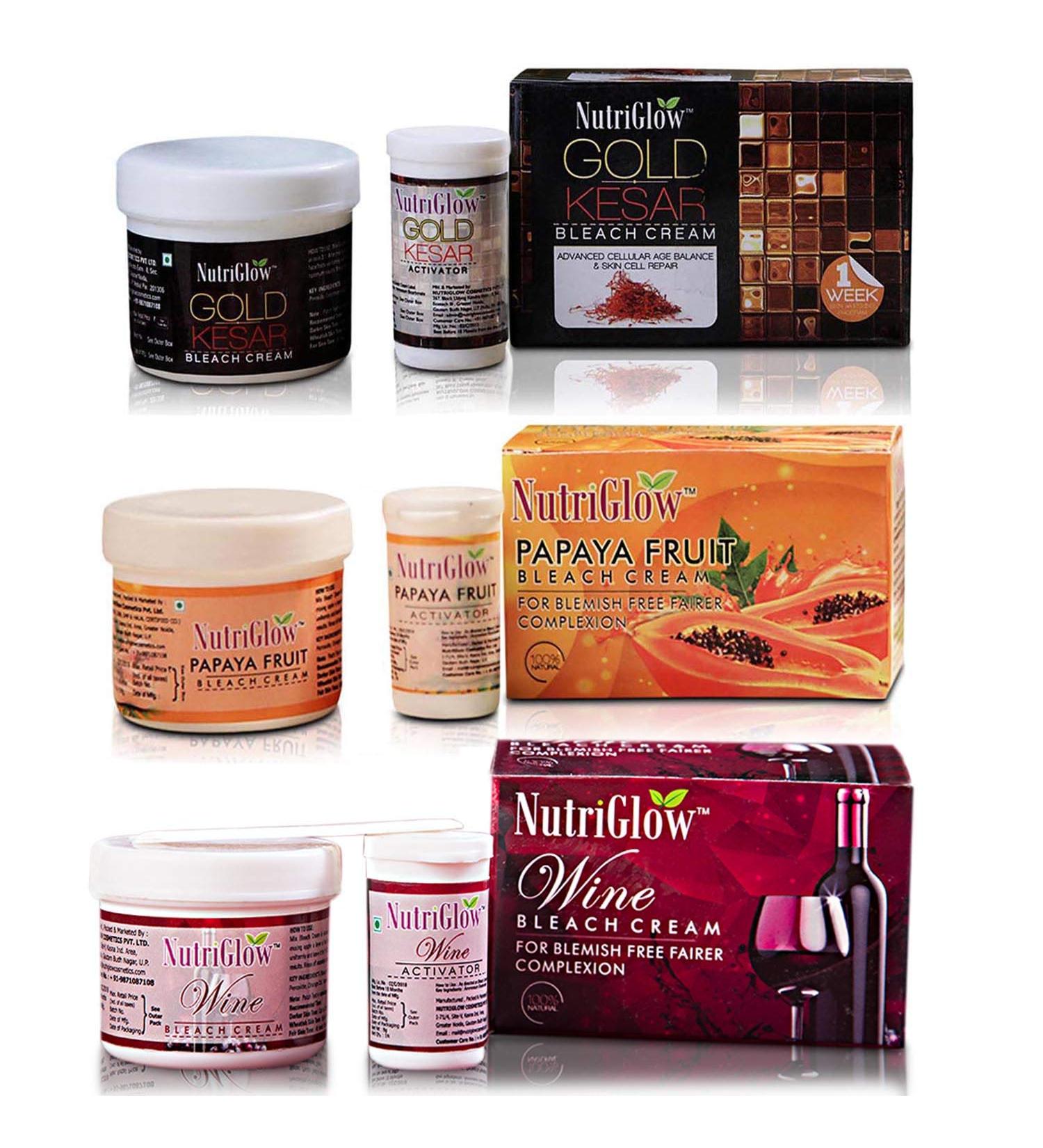 Nutriglow Gold Kesar 43 Gm Papaya Fruit 43 Gm Wine Bleach Cream 43 Gm for Lightening Facial Hair Tan Removal Dark Spot Corrector Bright Skin No Unwanted Facial Hair All Skin Types Pack of 3 - Buy Online on GoSupps.com