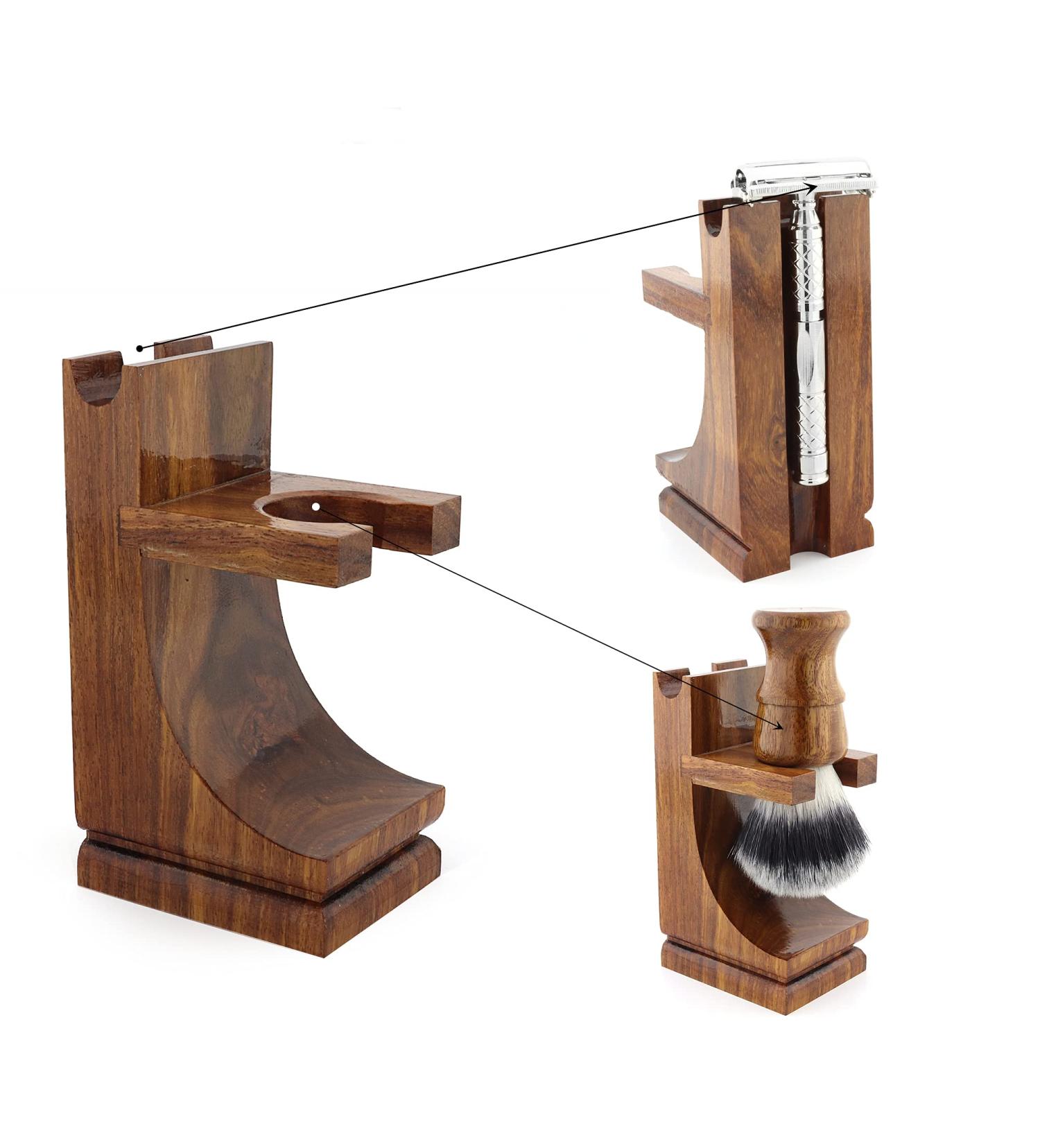 Premium Shaving Razor & Brush Stand - Walnut Finish | Universal Holder - Buy Online on GoSupps.com