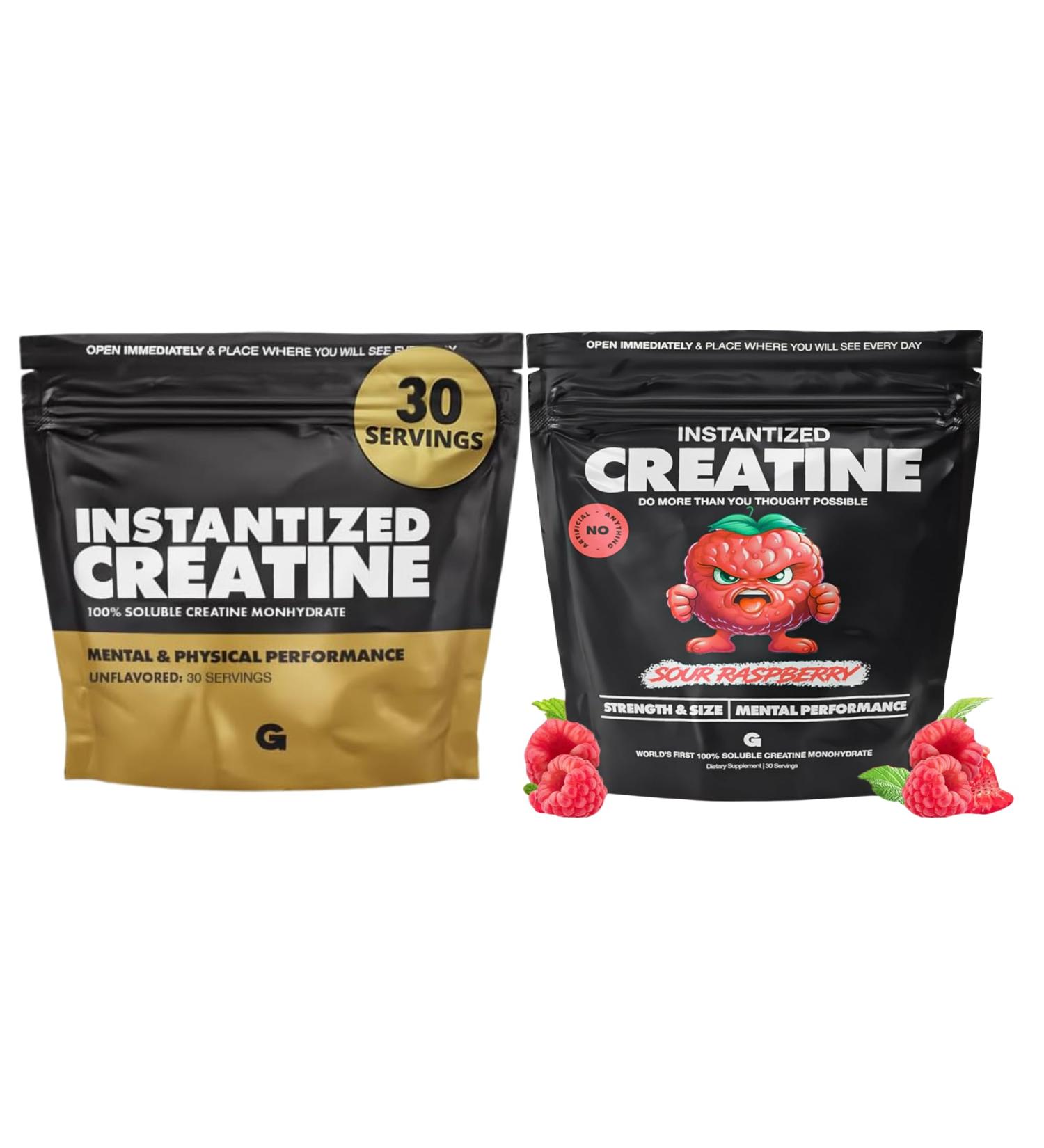Gains in Bulk Intantized Creatine Bundle Soluble Pre Workout Powder Supports Muscle Building Strength and Performance Unflavored and Raspberry 60 Servings - Buy Online on GoSupps.com